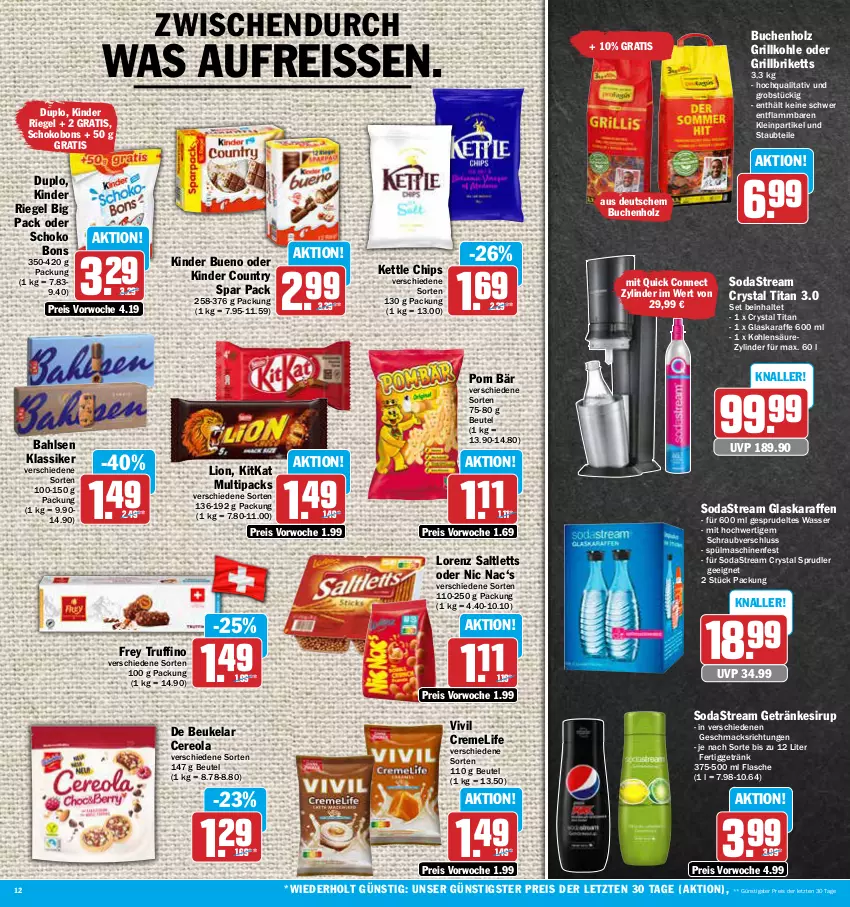 Aktueller Prospekt Aez - Prospekte - von 31.07 bis 05.08.2023 - strona 12 - produkty: bahlsen, beutel, briketts, buch, chips, creme, duplo, eis, flasche, getränk, getränke, getränkesirup, glaskaraffe, grill, grillbriketts, Grillkohle, Holz, Karaffe, Kinder, kinder bueno, kinder country, kinder riegel, kitkat, lamm, lion, lorenz, mac, obst, reis, reiss, riegel, saltletts, schoko, sirup, Soda, sodastream, Sprudel, spülmaschinen, Ti, wasser, ZTE