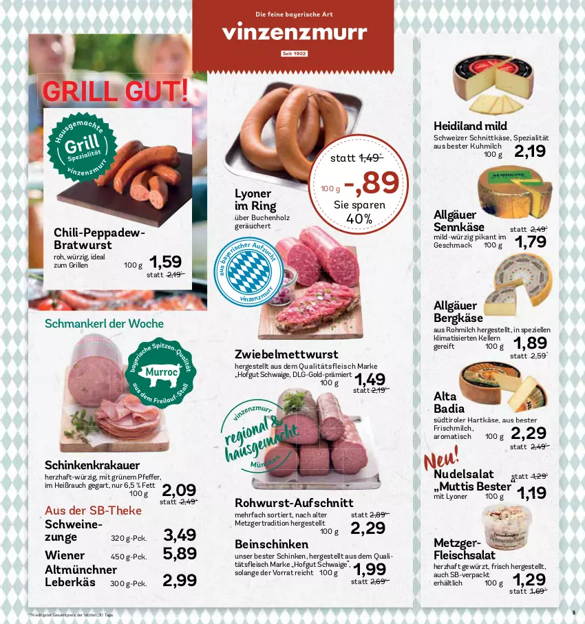 Aktueller Prospekt Aez - Prospekte - von 31.07 bis 05.08.2023 - strona 5 - produkty: auer, aufschnitt, Bad, Bergkäse, bratwurst, buch, chili, eis, elle, fleisch, fleischsalat, gewürz, grill, hartkäse, hofgut, Holz, ideal zum grillen, Käse, krakauer, leberkäs, LG, lyoner, mac, Mett, mettwurst, milch, Mutti, nudel, nudelsalat, Rauch, reis, ring, Rohwurst, salat, schinken, schinkenkrakauer, schnittkäse, schwein, schweine, Schweinezunge, schweizer schnittkäse, Spezi, südtiroler, Ti, tisch, wein, weine, wiener, wurst, Yo, ZTE, zwiebel, zwiebelmettwurst