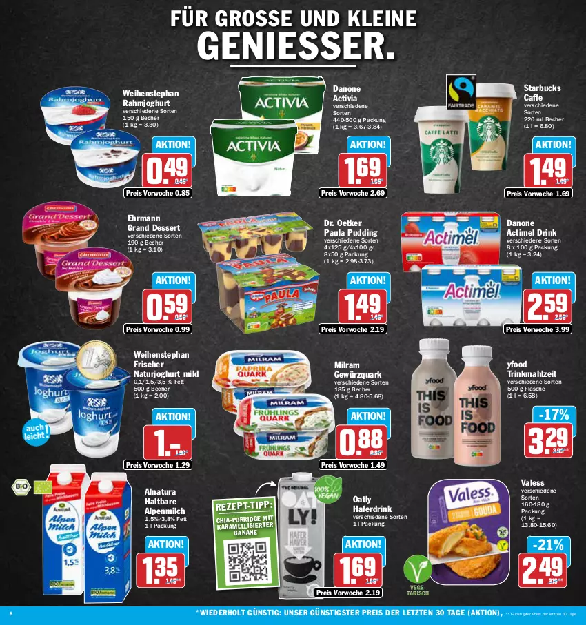 Aktueller Prospekt Aez - Prospekte - von 31.07 bis 05.08.2023 - strona 8 - produkty: actimel, actimel drink, activia, alpenmilch, banane, Becher, caffe, chia, danone, danone actimel drink, danone activia, dessert, Dr. Oetker, drink, ehrmann, Ehrmann Grand Dessert, eis, flasche, gewürz, gewürzquark, hafer, Haferdrink, joghur, joghurt, joghurt mild, karamell, leine, milch, milram, natur, natura, naturjoghurt, Paula, paula pudding, porridge, pudding, quark, rahmjoghurt, reis, starbucks, Ti, weihenstephan, ZTE