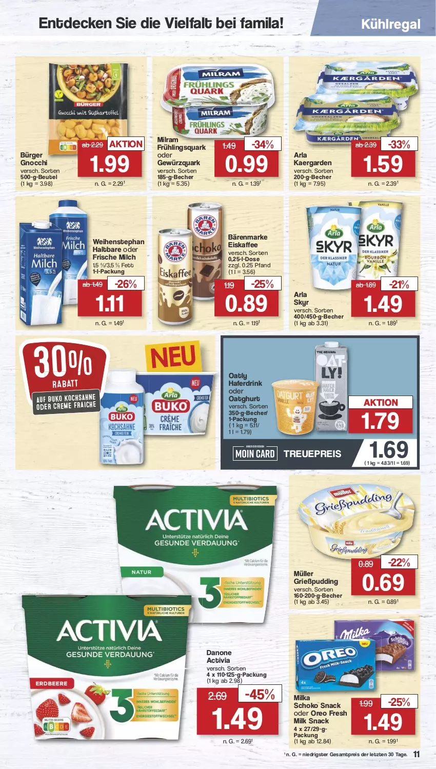 Aktueller Prospekt Famila - Prospekte - von 29.04 bis 04.05.2024 - strona 12 - produkty: activia, arla, arla skyr, bärenmarke, Becher, beutel, Buko, creme, danone, danone activia, decke, drink, eis, eiskaffee, frische milch, gewürz, gewürzquark, gnocchi, Grießpudding, hafer, Haferdrink, kaffee, kühlregal, milch, milka, milram, Müller, oreo, pudding, quark, regal, reis, sahne, schoko, Skyr, snack, Ti, weihenstephan, ZTE