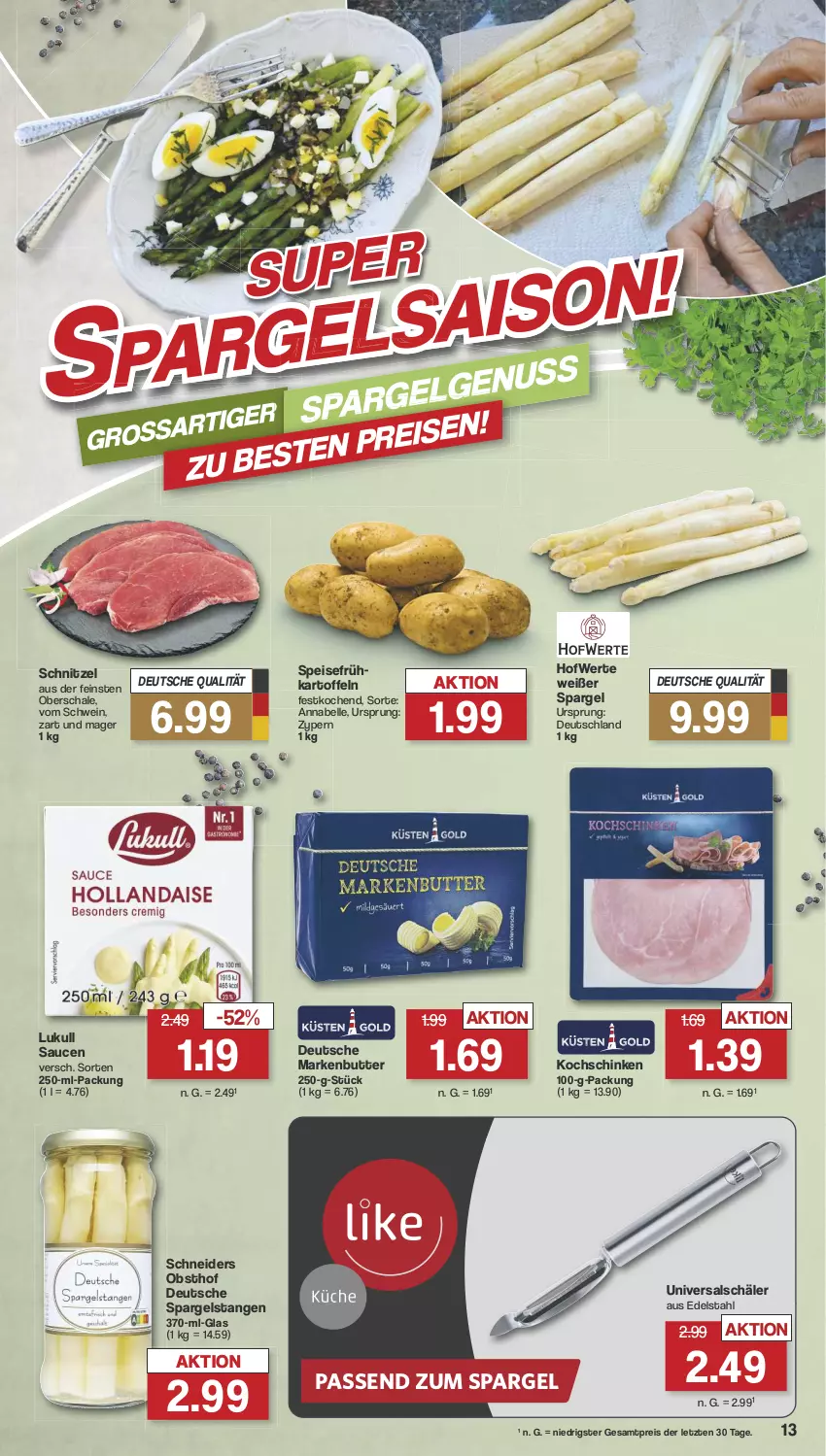 Aktueller Prospekt Famila - Prospekte - von 29.04 bis 04.05.2024 - strona 14 - produkty: butter, edelstahl, eis, elle, Frühkartoffeln, kartoffel, kartoffeln, kochschinken, lukull, markenbutter, obst, reis, sauce, saucen, Schal, Schale, schinken, schnitzel, schwein, spargel, speisefrühkartoffeln, Ti, wein, ZTE