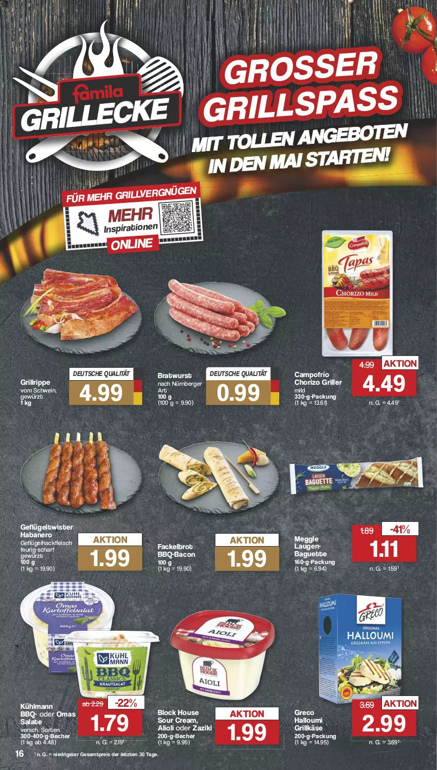 Aktueller Prospekt Famila - Prospekte - von 29.04 bis 04.05.2024 - strona 17 - produkty: bacon, baguette, Becher, Berger, bratwurst, brot, chorizo, eis, fleisch, Geflügel, gewürz, grill, Grillkäse, grillrippe, hackfleisch, Halloumi, Käse, kühlmann, meggle, nero, nürnberger, reis, salat, salate, schwein, sour cream, Ti, wein, wurst, zaziki, ZTE