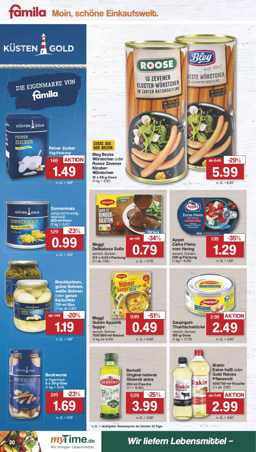 Aktueller Prospekt Famila - Prospekte - von 29.04 bis 04.05.2024 - strona 21 - produkty: bertolli, beutel, bley, bockwurst, bohne, bohnen, eis, filet, filets, fisch, flasche, gin, grüne bohnen, hering, kartoffel, kartoffeln, lebensmittel, maggi, mais, natives olivenöl, natur, olive, oliven, olivenöl, olivenöl extra, pflanze, pflanzen, Pflanzenöl, reis, ring, saupiquet, Soße, suppe, thunfisch, Ti, Weiße Bohnen, wurst, würstchen, ZTE, zucker