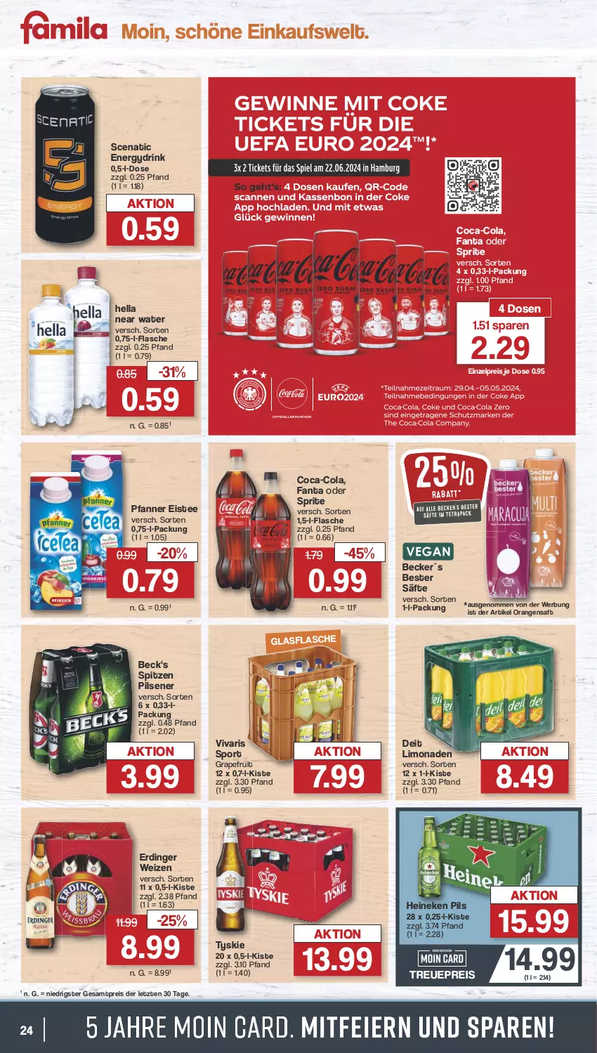 Aktueller Prospekt Famila - Prospekte - von 29.04 bis 04.05.2024 - strona 25 - produkty: coca-cola, cola, deit, drink, eier, eis, eistee, elle, erdinger, fanta, fanta oder, fanta oder sprite, flasche, glasflasche, grapefruit, heineken, hella, limo, limonade, limonaden, oder sprite, orange, orangen, orangensaft, pfanne, Pfanner, pils, pilsener, reis, saft, säfte, Sport, sprite, tee, Ti, tyskie, Vivaris, ZTE