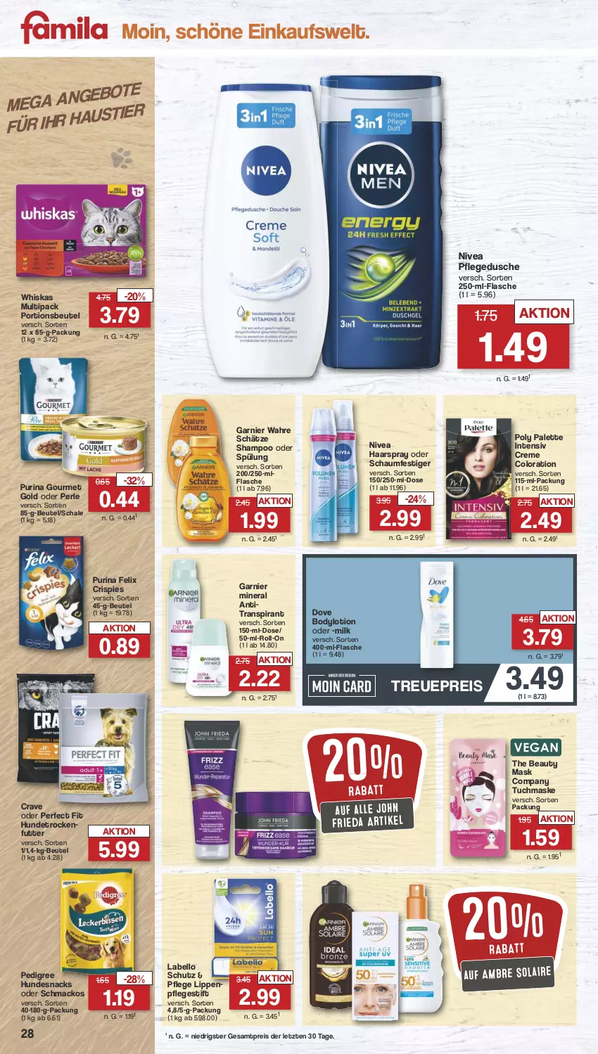 Aktueller Prospekt Famila - Prospekte - von 29.04 bis 04.05.2024 - strona 29 - produkty: Ambre Solaire, Antitranspirant, aust, beutel, body, bodylotion, creme, dove, dusche, eis, felix, flasche, garnier, gourmet gold, haarspray, hundesnack, hundesnacks, Labello, Lippenpflege, Lotion, mac, Maske, nivea, oder schaumfestiger, Palette, pedigree, Perfect Fit, pflegedusche, portionsbeutel, purina, reis, roll-on, Schal, Schale, schaumfestiger, shampoo, shampoo oder spülung, snack, snacks, spülung, Stier, Ti, trockenfutter, tuc, tuchmaske, Wahre Schätze, whiskas, ZTE