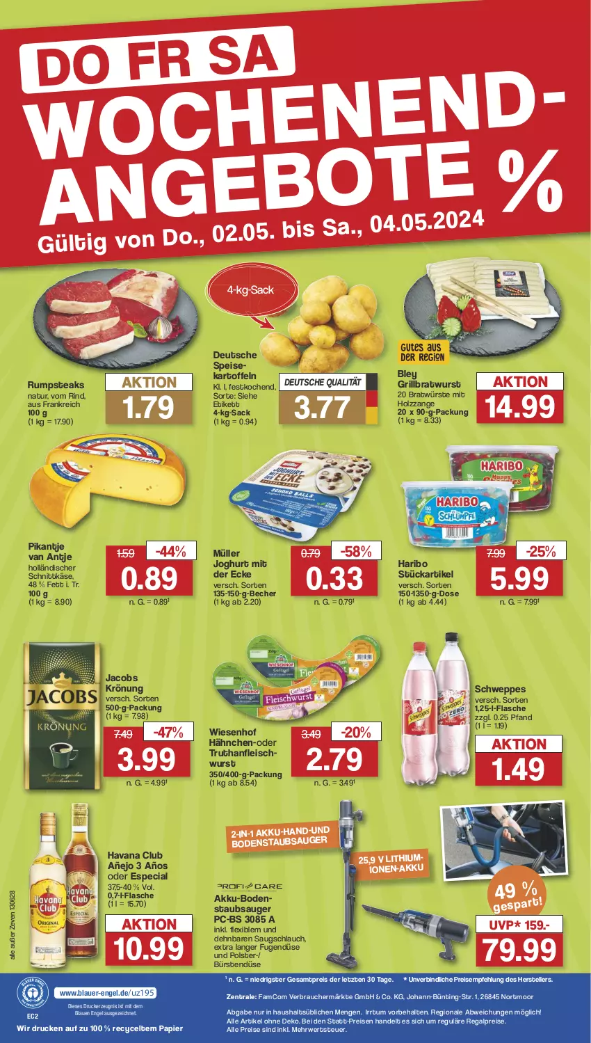 Aktueller Prospekt Famila - Prospekte - von 29.04 bis 04.05.2024 - strona 41 - produkty: akku, auer, Becher, bley, bodenstaubsauger, bratwurst, bürste, bürsten, drucker, eis, elle, Engel, flasche, fleisch, fleischwurst, grill, grillbratwurst, haribo, Havana Club, holländischer schnittkäse, Holz, jacobs, jacobs krönung, joghur, joghurt, joghurt mit der ecke, kartoffel, kartoffeln, Käse, kerze, Müller, natur, papier, Rauch, regal, reis, rind, rum, rumpsteak, rwe, sac, schlauch, schnittkäse, schweppes, speisekartoffeln, staubsauger, steak, steaks, teller, Ti, wiesenhof, wurst, ZTE