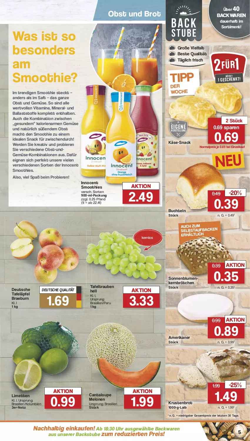 Aktueller Prospekt Famila - Prospekte - von 29.04 bis 04.05.2024 - strona 5 - produkty: auer, backwaren, ball, bier, Biere, blume, blumen, brot, brötchen, buch, eis, erde, Innocent, Käse, Krustenbrot, limette, limetten, mac, melone, melonen, Mett, metten, obst, Obst und Gemüse, reis, saft, smoothie, smoothies, snack, sonnenblume, sonnenblumen, stube, tafeläpfel, tafeltrauben, Ti, trauben, uhr, und gemüse, vita, Vitamine, ZTE