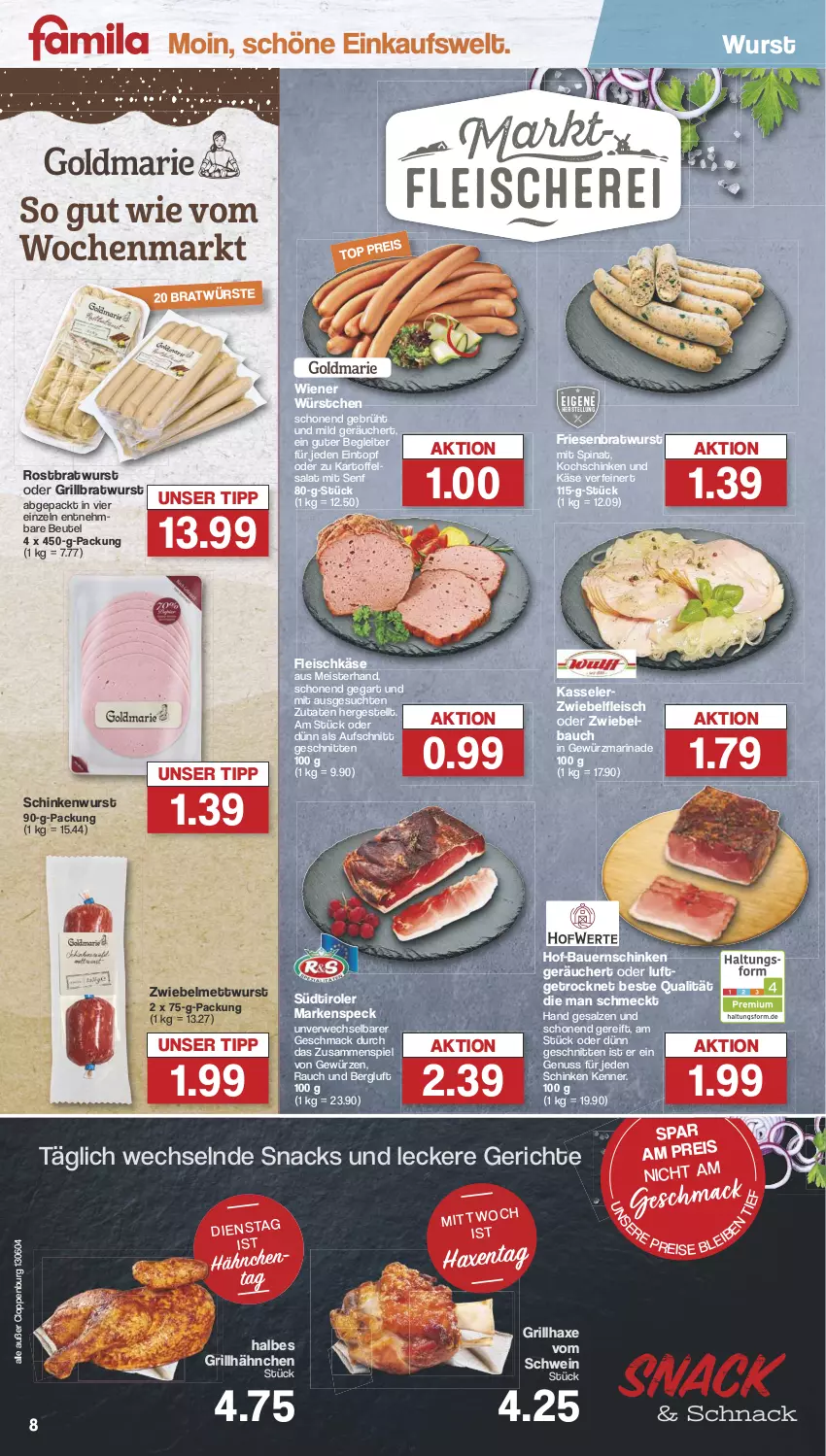 Aktueller Prospekt Famila - Prospekte - von 29.04 bis 04.05.2024 - strona 8 - produkty: auer, aufschnitt, axe, Bau, Bauer, Bauernschinken, beutel, bratwurst, eintopf, eis, fleisch, fleischkäse, gewürz, grill, grillbratwurst, grillhähnchen, grillhaxe, Haxe, kartoffel, Käse, kasseler, kochschinken, mac, marinade, Meister, Mett, mettwurst, nuss, Rauch, reis, rostbratwurst, rwe, salat, salz, schinken, schinkenwurst, schnitten, schwein, senf, snack, snacks, Speck, spinat, südtiroler, Ti, topf, wein, wiener, wiener würstchen, wurst, würstchen, zwiebel, zwiebelmettwurst