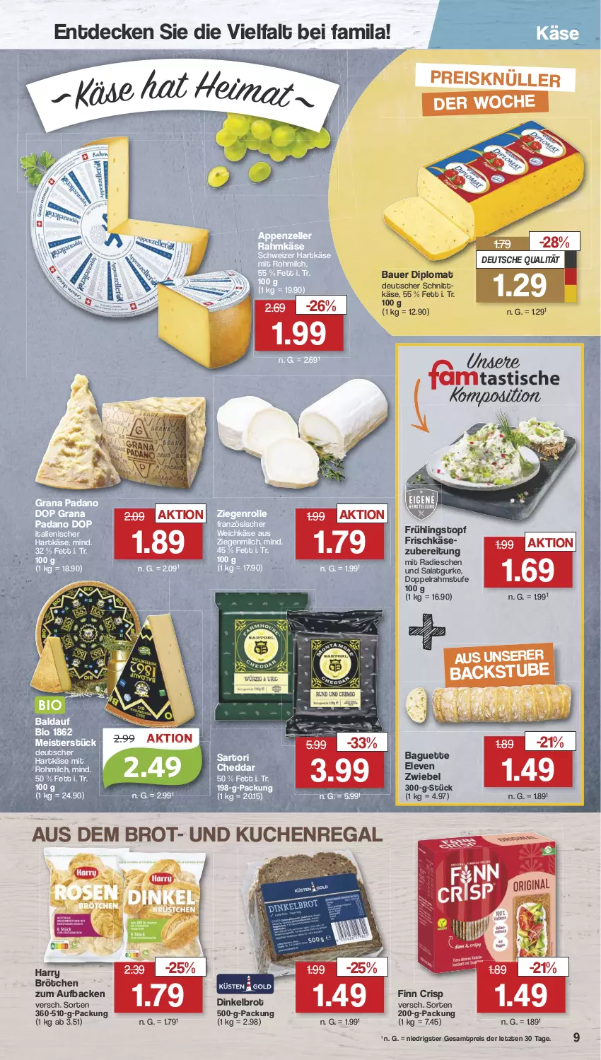 Aktueller Prospekt Famila - Prospekte - von 29.04 bis 04.05.2024 - strona 9 - produkty: appenzeller, auer, baguette, Bau, Bauer, bio, brot, brötchen, cheddar, decke, Dinkelbrot, dip, doppelrahmstufe, eis, elle, französischer weichkäse, frischkäse, frischkäsezubereitung, grana, grana padano, gurke, hartkäse, italienischer hartkäse, Käse, kuchen, Meister, milch, padano, radieschen, Rana, regal, reis, salat, Salatgurke, schweizer hartkäse, stube, Ti, topf, weichkäse, ZTE, zwiebel