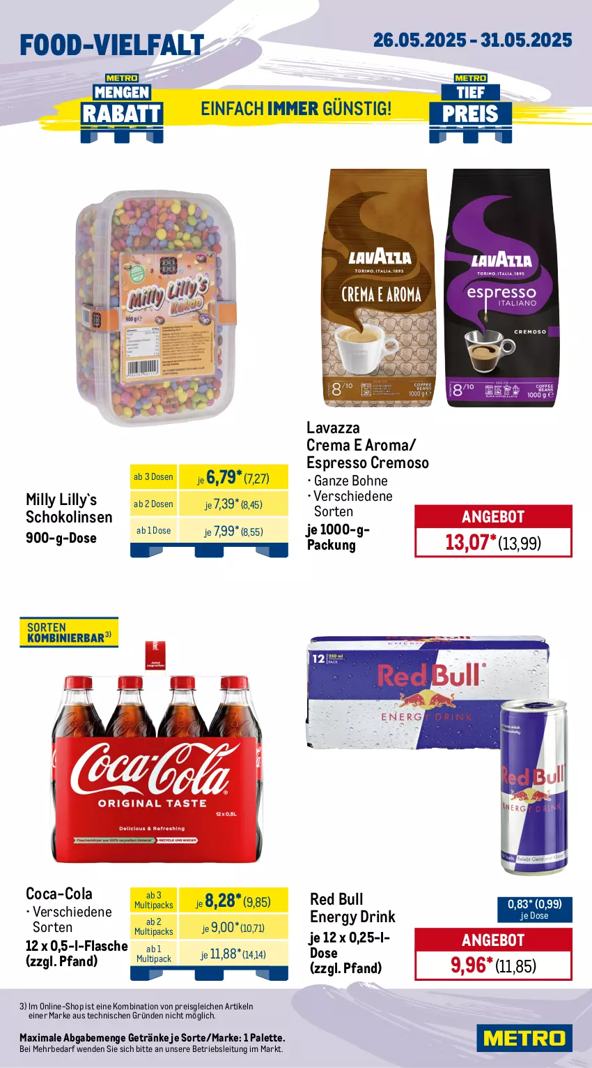 Aktueller Prospekt Metro - Wochen-Angebote Gastro - von 26.05 bis 31.05.2025 - strona 13 - produkty: angebot, bertolli, bohne, burger, coca-cola, cola, drink, eis, energy drink, espresso, flasche, getränk, getränke, gin, heinz, hot dog, lavazza, linsen, mayonnaise, olive, oliven, olivenöl, olivenöl extra, Palette, pomito, red bull, reis, salat, sauce, saucen, schoko, Schokolinsen, Ti, tiefpreis, tomate, tomaten, Yo