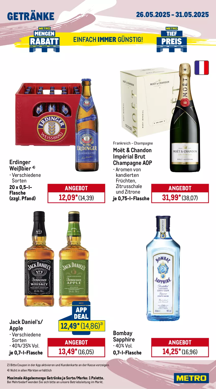 Aktueller Prospekt Metro - Wochen-Angebote Gastro - von 26.05 bis 31.05.2025 - strona 14 - produkty: angebot, Apple, ariel, Bau, baumwolle, Behälter, bier, bombay sapphire, brut, champagne, coupon, eis, erdinger, flasche, früchte, früchten, getränk, getränke, jack daniel, lebensmittel, Metro, metro gastro, Palette, papier, Pods, pril, reis, Ria, sapphire, Schal, Schale, sonderposten, spülmittel, Ti, tiefpreis, tücher, vollwaschmittel, waschmittel, weck, wolle, zitrone