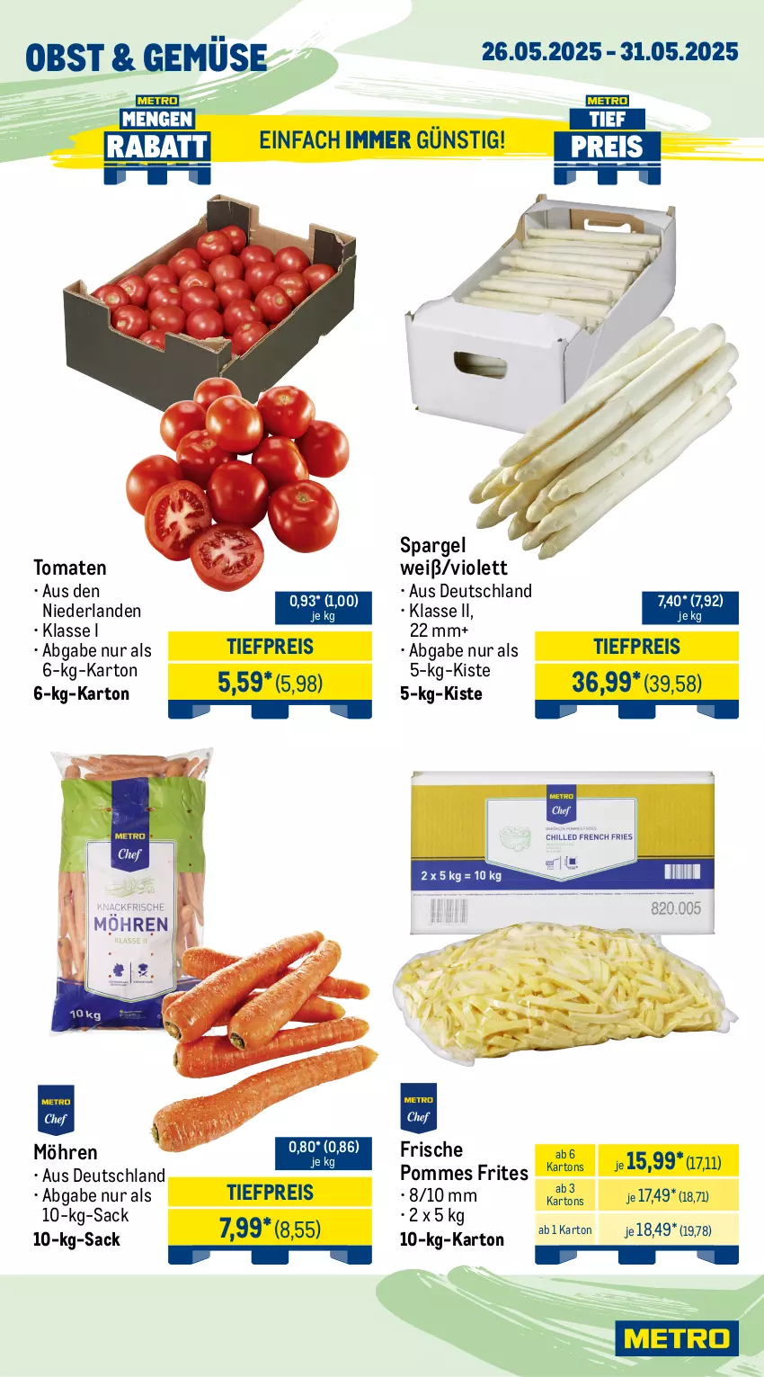 Aktueller Prospekt Metro - Wochen-Angebote Gastro - von 26.05 bis 31.05.2025 - strona 8 - produkty: eimer, eis, feta, gin, halbfettmargarine, küche, Küchen, Küchensahne, mac, margarine, milch, möhren, obst, pommes, Pommes Frites, quark, reis, sac, sahne, spargel, speisequark, Ti, tiefpreis, tisch, tomate, tomaten