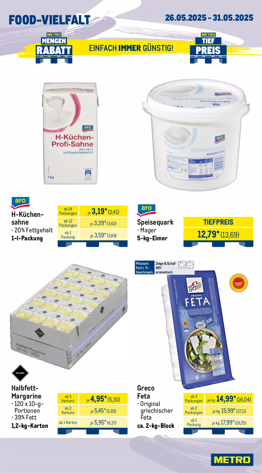 Aktueller Prospekt Metro - Wochen-Angebote Gastro - von 26.05 bis 31.05.2025 - strona 9 - produkty: eimer, eis, feta, gin, halbfettmargarine, küche, Küchen, Küchensahne, mac, margarine, milch, möhren, obst, pommes, Pommes Frites, quark, reis, sac, sahne, spargel, speisequark, Ti, tiefpreis, tisch, tomate, tomaten