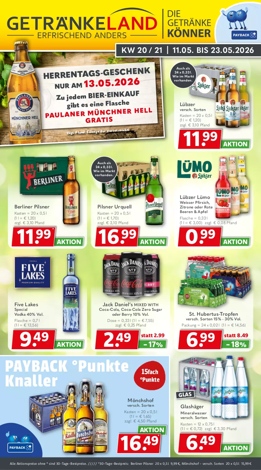 Aktueller Prospekt Getraenkeland - von 10.05 bis 22.05.2026 - strona 1 - produkty: aktionspreis, Alwa, apfel, beere, beeren, berliner, bestpreis, bestpreise, bier, coca-cola, cola, eis, flasche, jack daniel, Lübzer, mineralwasser, mönchshof, payback, pfirsich, pils, pilsner, pilsner urquell, reis, Ti, vodka, wasser, zitrone