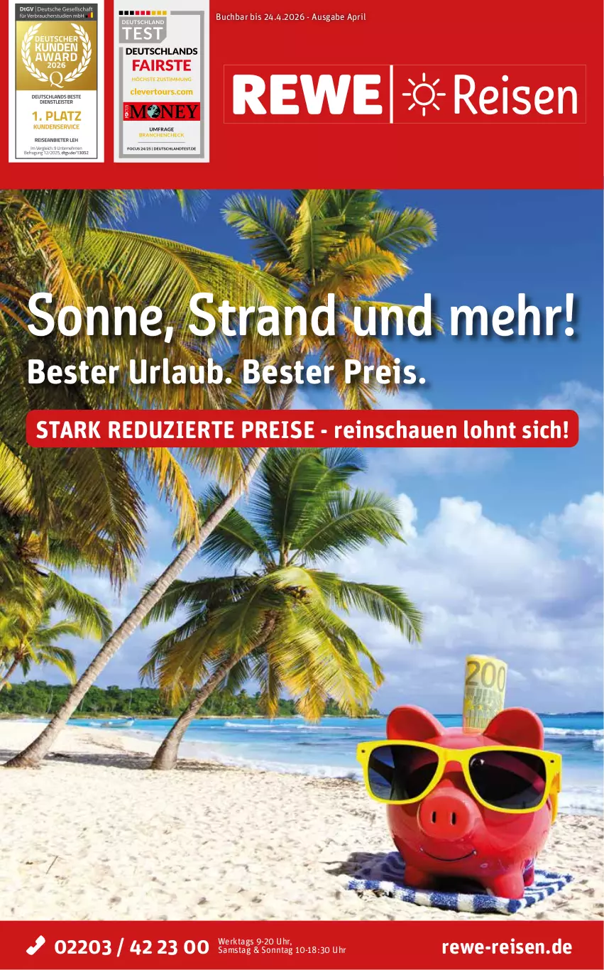 Aktueller Prospekt Rewe Reisen - Reiseprospekt - von 27.03 bis 24.04.2026 - strona 1 - produkty: buch, eis, pril, reis, uhr