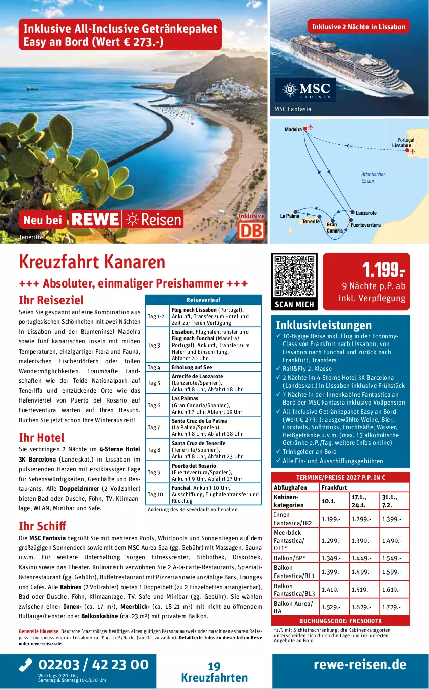 Aktueller Prospekt Rewe Reisen - Reiseprospekt - von 27.03 bis 24.04.2026 - strona 19 - produkty: alkohol, alkoholische getränke, angebot, angebote, asti, Bad, balkonkabine, bett, Betten, bier, blume, blumen, buch, Cif, cocktail, cocktails, drink, drinks, dusche, eis, elle, ente, fanta, fenster, fisch, fische, Fischer, frucht, fruchtsäfte, getränk, getränke, inklusivleistungen, kreuzfahrten, Liege, Persona, pool, reis, reiseverlauf, rel, Ria, ring, säfte, sonnenliege, Spezi, Thea, Ti, tisch, uhr, wasser, wein, weine, Whirlpool