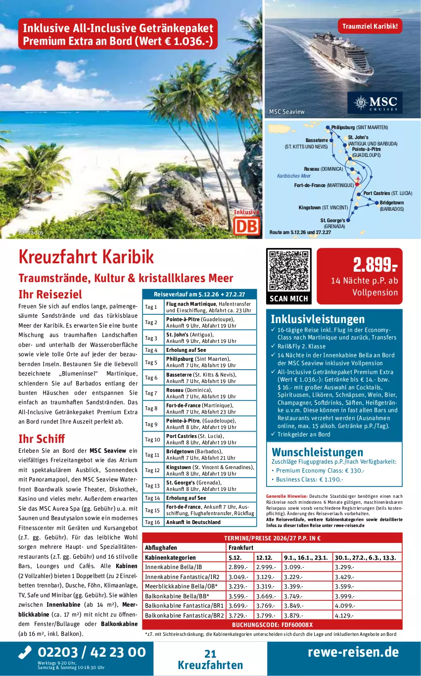 Aktueller Prospekt Rewe Reisen - Reiseprospekt - von 27.03 bis 24.04.2026 - strona 21 - produkty: angebot, angebote, asti, Bad, balkonkabine, bett, Betten, bier, blume, blumen, buch, champagne, champagner, cocktail, cocktails, drink, drinks, dusche, eis, elle, ente, erde, fanta, fenster, getränk, getränke, inklusivleistungen, kreuzfahrten, likör, martini, meerblickkabine, Mode, Philips, pool, rama, reis, reiseverlauf, rel, säfte, Spezi, spirituosen, Thea, Ti, uhr, usb, wasser, wein