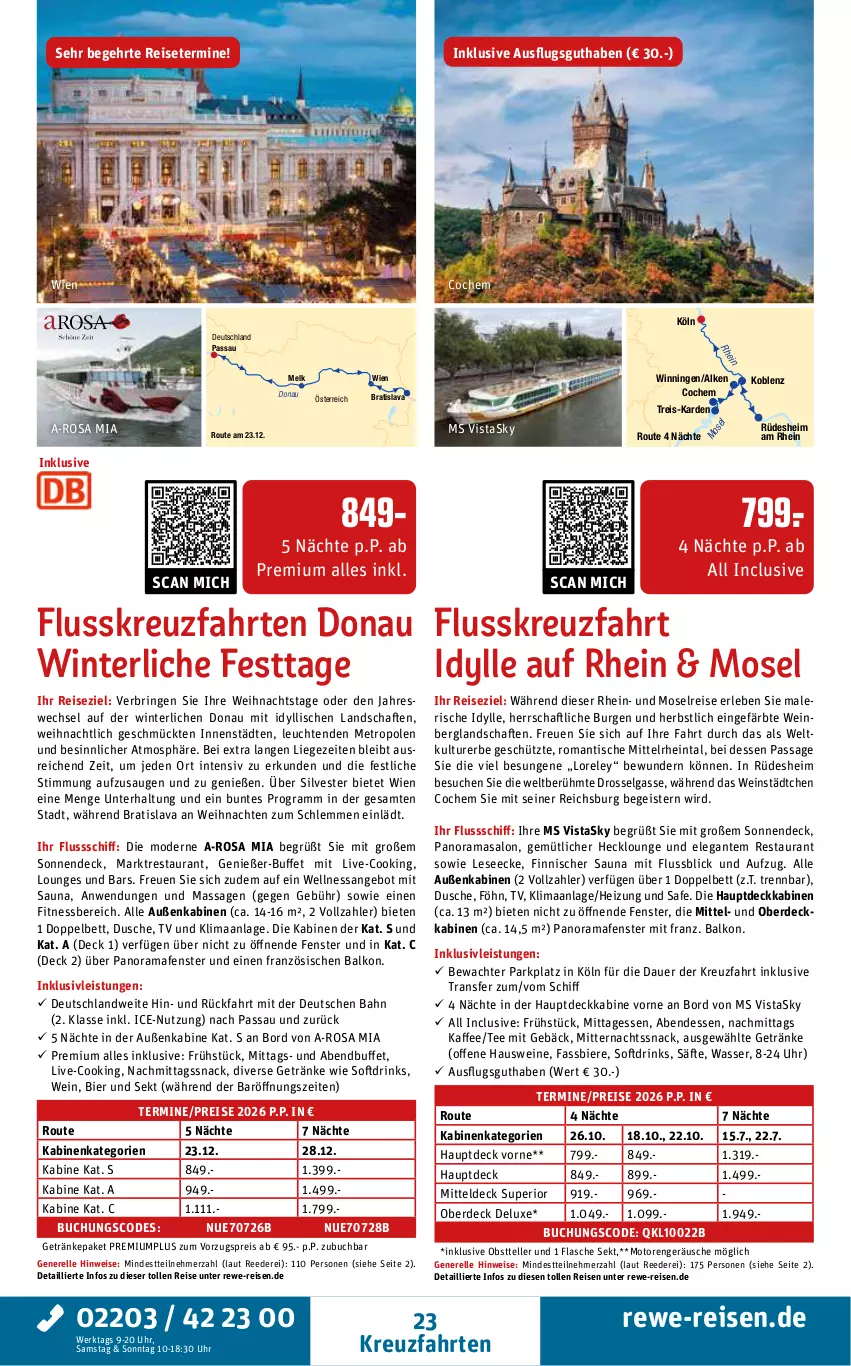 Aktueller Prospekt Rewe Reisen - Reiseprospekt - von 27.03 bis 24.04.2026 - strona 23 - produkty: an weihnachten, angebot, auer, bett, bier, Biere, buch, drink, drinks, dusche, eis, elle, erde, fenster, flasche, getränk, getränke, inklusivleistungen, kaffee, kreuzfahrten, Leuchte, leuchten, LG, Liege, Metro, Mode, obst, rama, reis, rel, ring, säfte, sekt, snack, tee, teller, Ti, tisch, uhr, wasser, weihnachten, wein, weine, ZTE