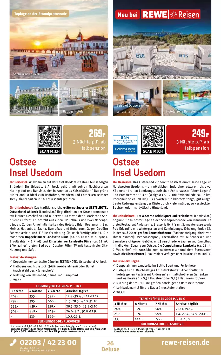 Aktueller Prospekt Rewe Reisen - Reiseprospekt - von 27.03 bis 24.04.2026 - strona 26 - produkty: alkohol, auer, axe, Bad, Bademantel, Bau, bier, Brei, buch, decke, dusche, E-Bike, eier, eis, Elan, ente, Fahrrad, Garten, getränk, getränke, hering, Herings, inklusivleistungen, Kaiser, Kamin, küche, Küchen, kurtaxe, leine, LG, Mantel, Meerwasser, Mode, natur, pflanze, pflanzen, Pommersche, pool, reis, ring, Sport, Ti, uhr, usb, wasser, wein, Weste