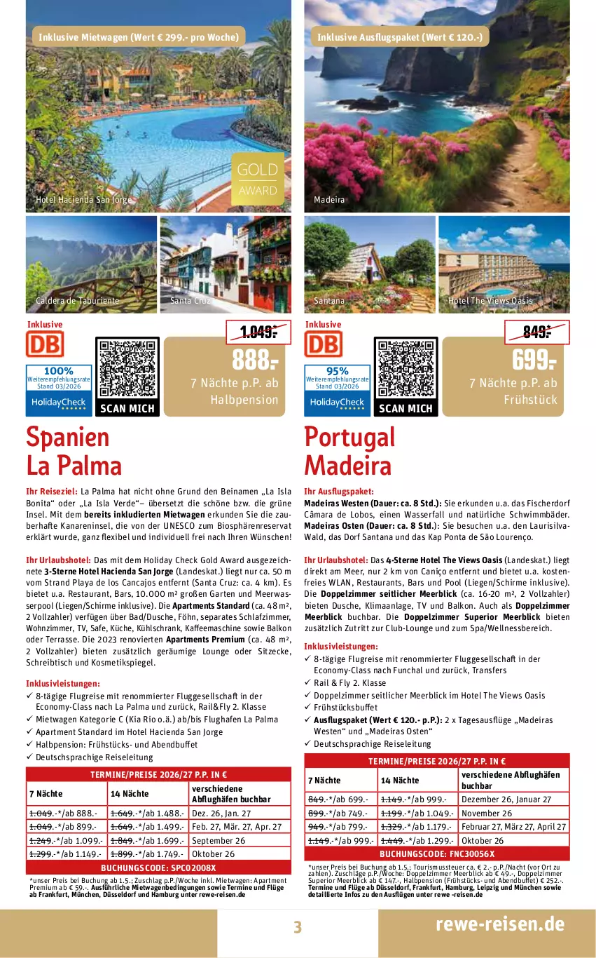 Aktueller Prospekt Rewe Reisen - Reiseprospekt - von 27.03 bis 24.04.2026 - strona 3 - produkty: auer, Bad, bio, bonita, buch, Cien, deutschsprachige reiseleitung, dusche, eis, ente, erde, fisch, fische, Fischer, Garten, inklusivleistungen, kaffee, kaffeemaschine, kosmetik, Kosmetikspiegel, küche, kühlschrank, Liege, Meerwasser, pool, pril, reis, schirme, schlafzimmer, Schrank, schreibtisch, spiegel, Ti, tisch, wasser, wellnessbereich, Weste