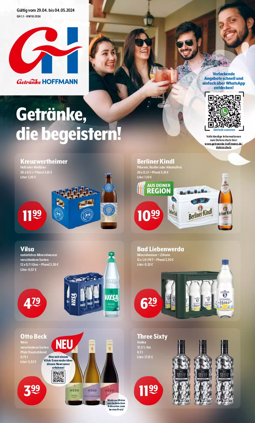 Aktueller Prospekt Getraenke Hoffmann - Prospekte - von 29.04 bis 04.05.2024 - strona 1 - produkty: alkohol, Alwa, angebot, angebote, Bad, Bad Liebenwerda, berliner, berliner kindl, bier, decke, eimer, eis, getränk, getränke, mineralwasser, Mode, natürliches mineralwasser, pils, pilsener, radler, reis, Three Sixty, Ti, vilsa, vodka, wasser, wein, weine, zitrone