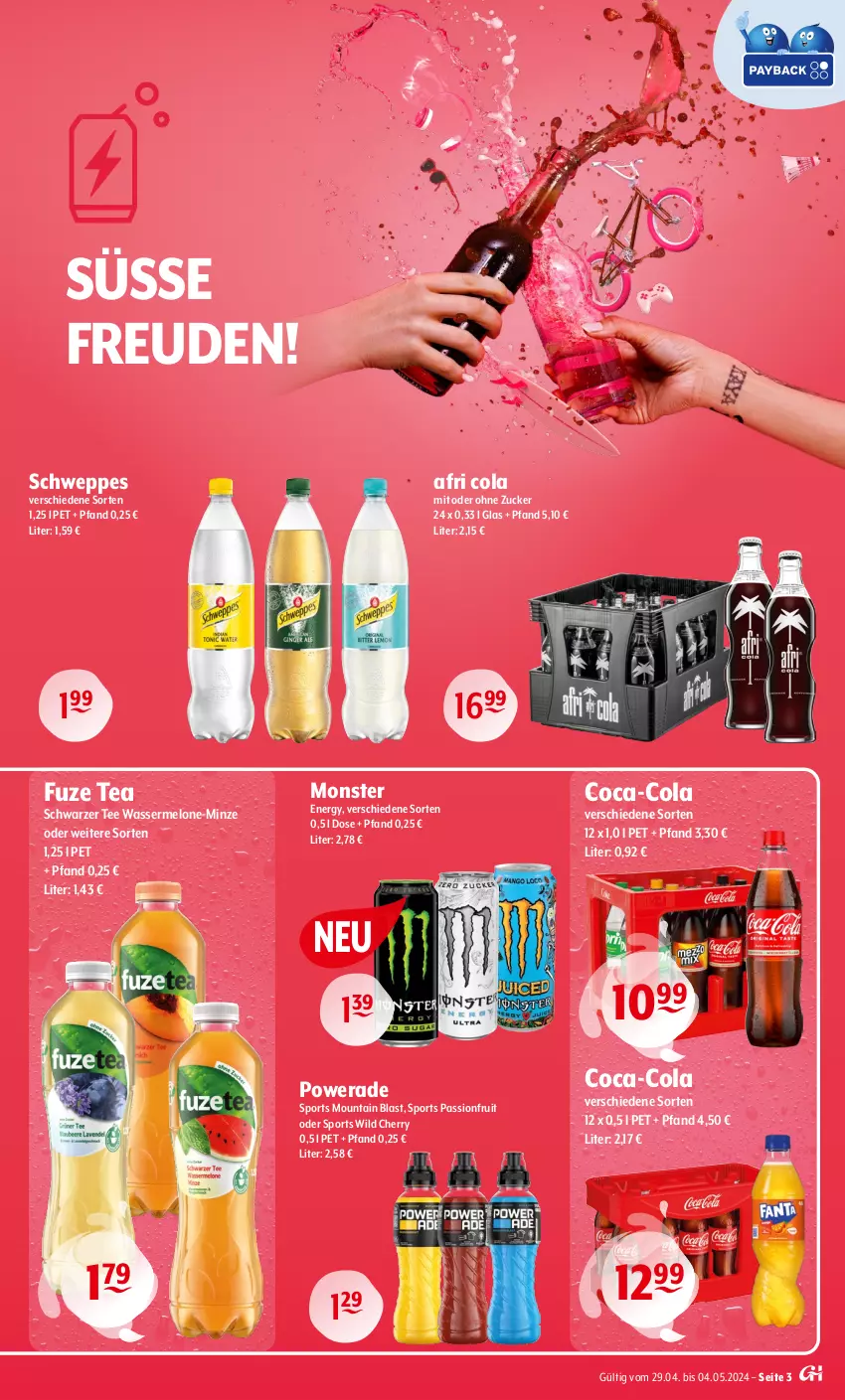 Aktueller Prospekt Getraenke Hoffmann - Prospekte - von 29.04 bis 04.05.2024 - strona 3 - produkty: Afri Cola, coca-cola, cola, fuze tea, melone, minze, monster, Monster Energy, schwarzer tee, schweppes, Sport, tee, Ti, wasser, wassermelone, Wild, zucker