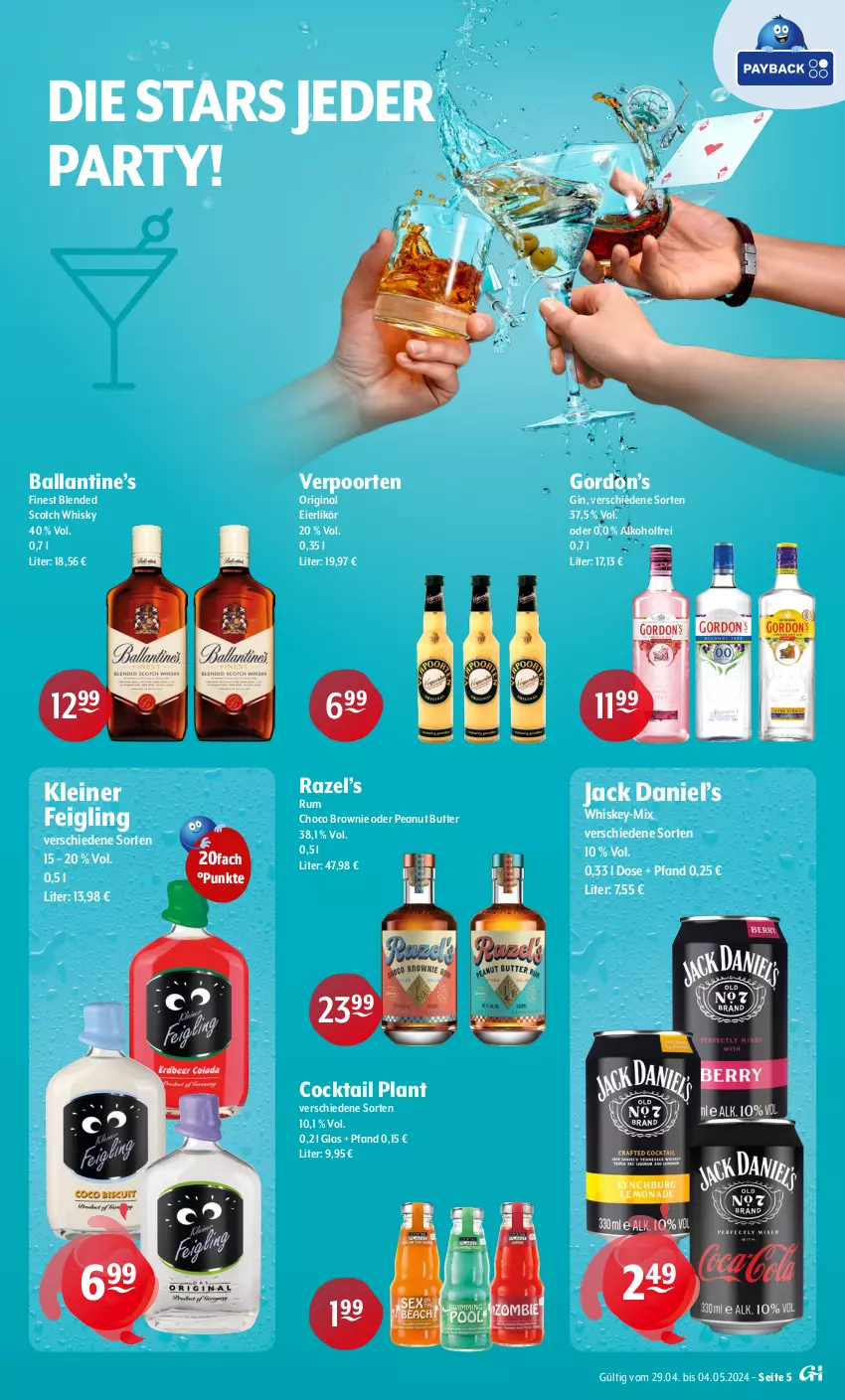 Aktueller Prospekt Getraenke Hoffmann - Prospekte - von 29.04 bis 04.05.2024 - strona 5 - produkty: alkohol, ball, blended scotch, blended scotch whisky, brownie, butter, cocktail, eier, eierlikör, gin, gordon, Gordon’s, jack daniel, Jack Daniel’s, kleiner feigling, leine, likör, peanut butter, rum, scotch, scotch whisky, Ti, verpoorten, whiskey, whisky