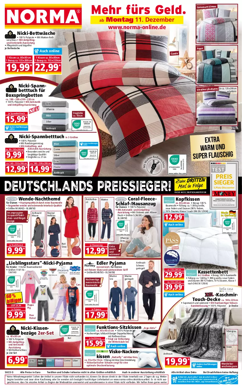 Aktueller Prospekt Norma - Norma - von 11.12 bis 18.12.2023 - strona 1 - produkty: Anzug, aqua, asti, Bau, baumwolle, Bebe, beere, bett, Betten, Betttuch, bettwäsche, boxspringbett, bügel, butter, Cars, Coral, creme, decke, disney, eis, elle, flieder, gin, Hasbro, hemd, Kinder, kissen, kopfkissen, LG, mint, Nachthemd, nackenkissen, ndk, Paw Patrol, Peppa Pig, Pyjama, reifen, reine baumwolle, reis, reiss, ring, rwe, schuhe, sim, sitzkissen, spannbetttuch, Ti, Tipi, tisch, tuc, wolle