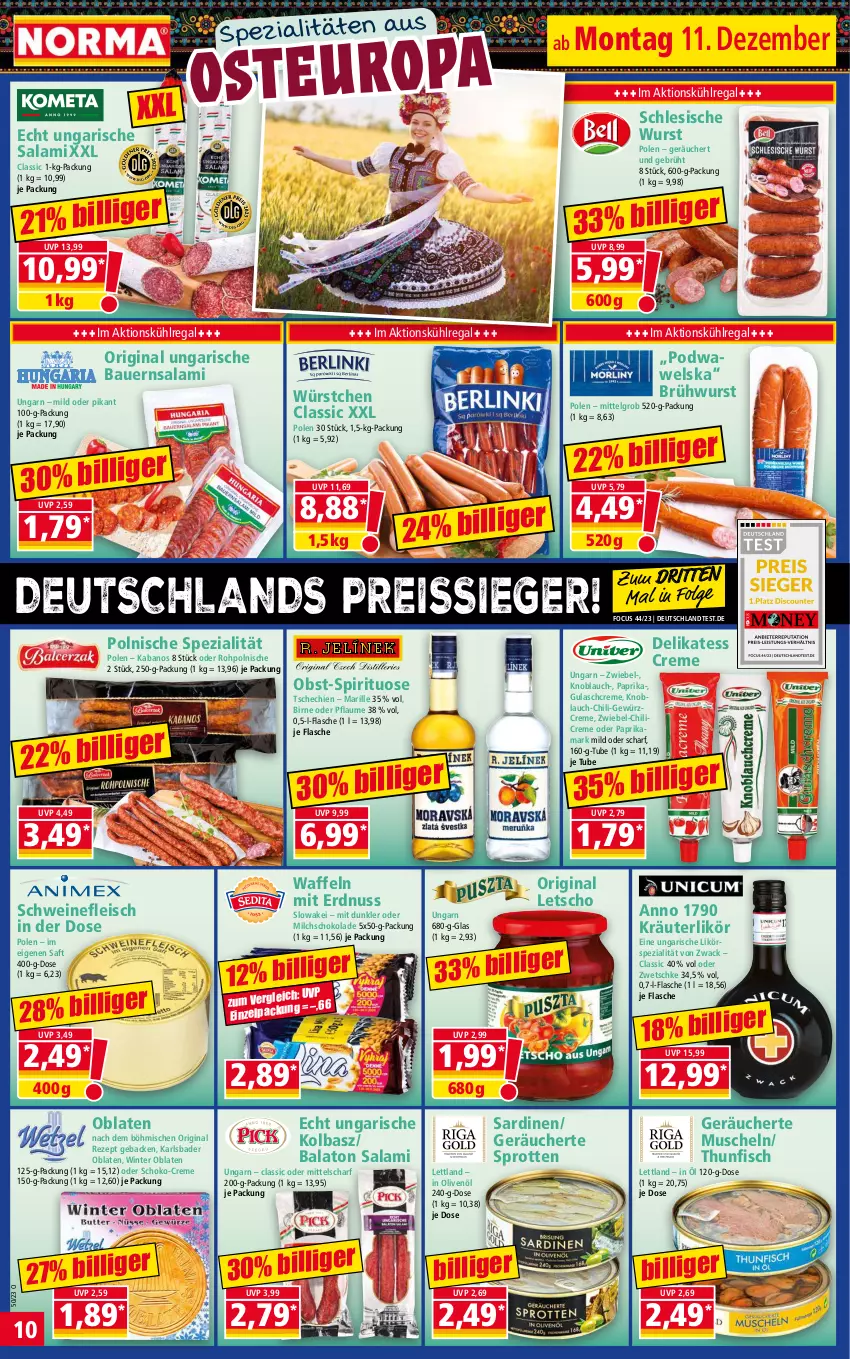 Aktueller Prospekt Norma - Norma - von 11.12 bis 18.12.2023 - strona 10 - produkty: auer, Bad, Balaton, Bau, Bauer, Brühwurst, chili, creme, eis, erdnuss, fisch, flasche, fleisch, geback, gewürz, Gewürzcreme, gin, gulasch, Gulaschcreme, HP, in olivenöl, kabanos, knoblauch, kräuter, kräuterlikör, kühlregal, Letscho, LG, likör, milch, Muscheln, nuss, Oblaten, obst, olive, oliven, olivenöl, paprika, pflaume, regal, reis, reiss, rezept, saft, salami, Sardinen, schoko, schokolade, schwein, schweine, schweinefleisch, Spezi, Sprotten, thunfisch, Ti, Ungarische Salami, waffeln, wein, weine, Wels, wurst, würstchen, zwiebel