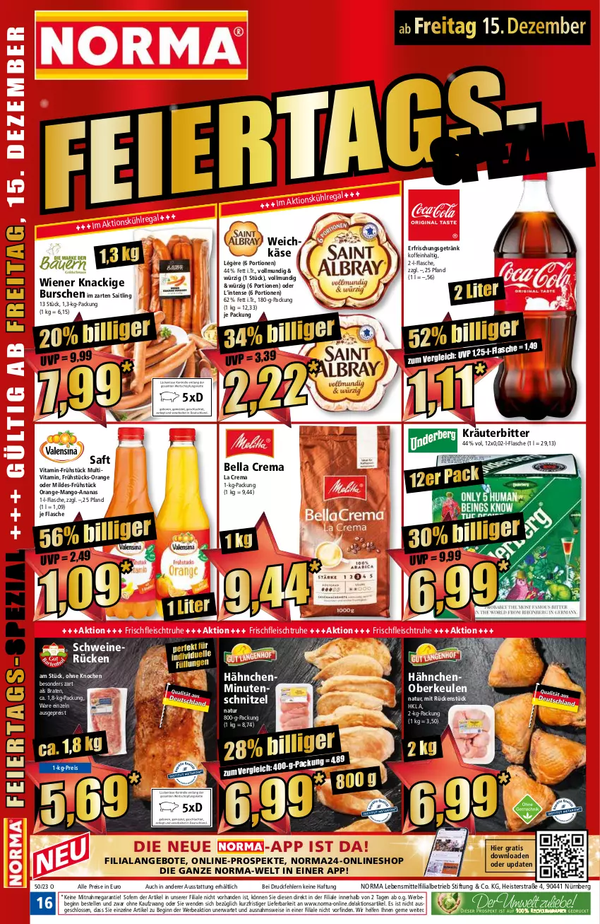 Aktueller Prospekt Norma - Norma - von 11.12 bis 18.12.2023 - strona 16 - produkty: ananas, angebot, angebote, Bebe, bella crema, braten, eis, elle, erfrischungsgetränk, flasche, fleisch, getränk, gin, im zarten saitling, Käse, kräuter, lebensmittel, mango, minutenschnitzel, natur, orange, reis, saft, schnitzel, schwein, schweine, schweinerücken, Ti, vita, weichkäse, wein, weine, wiener