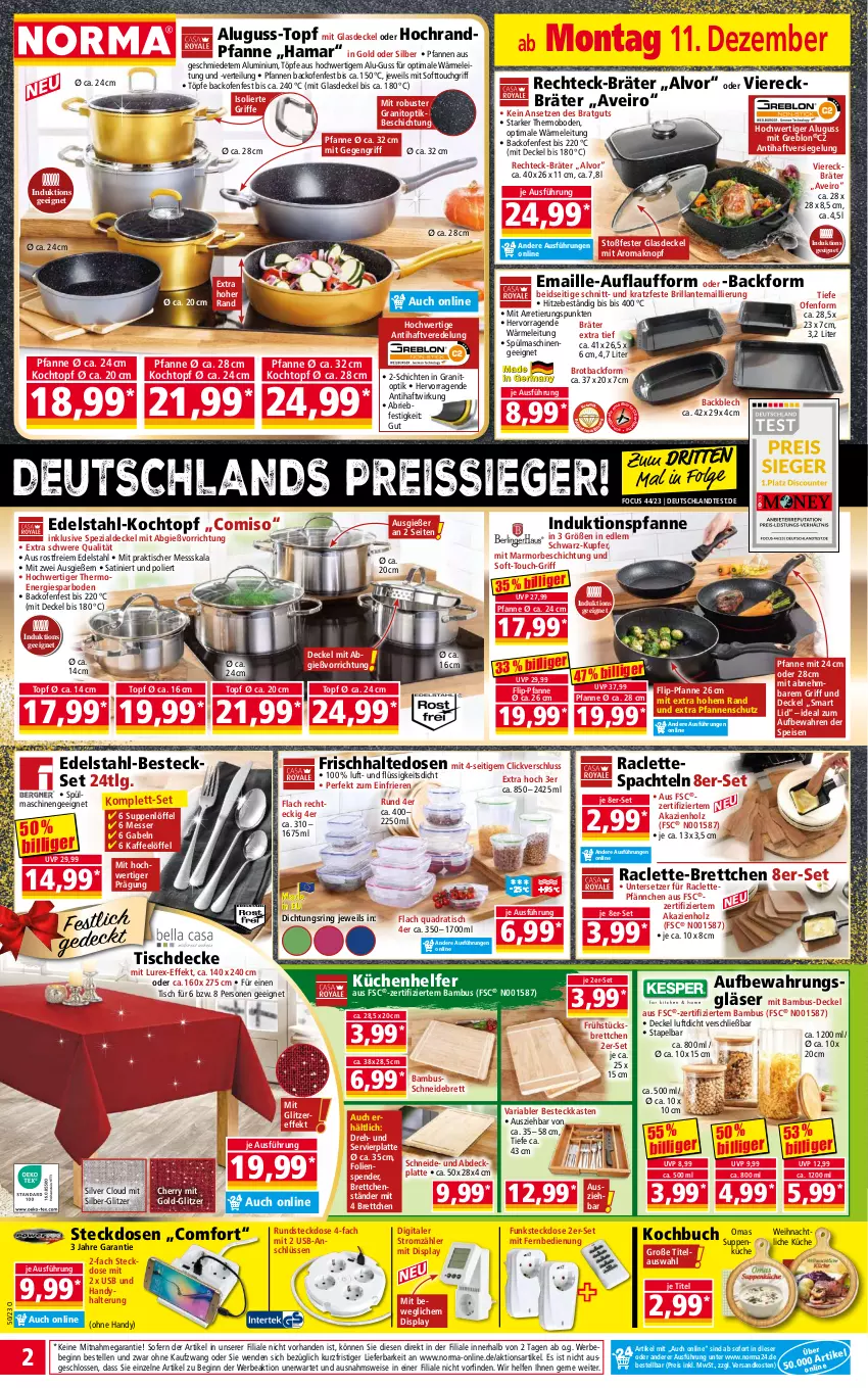 Aktueller Prospekt Norma - Norma - von 11.12 bis 18.12.2023 - strona 2 - produkty: Backform, backofen, bambus, Bebe, besteck, besteckset, Brettchen, brie, brot, buch, decke, Deckel, edelstahl, Edelstahl-Besteck, eis, elle, fernbedienung, frischhaltedosen, gabel, gin, Glasdeckel, Gläser, hama, Handy, Holz, kaffee, Kochtopf, küche, Küchen, Küchenhelfer, latte, LG, Löffel, maille, messer, mit fernbedienung, ndk, Ofen, pfanne, pfannen, quad, reis, reiss, Ria, ring, schneidebrett, spachtel, Spezi, spülmaschinen, steckdose, suppe, suppen, Ti, tisch, tischdecke, topf, Untersetzer, usb