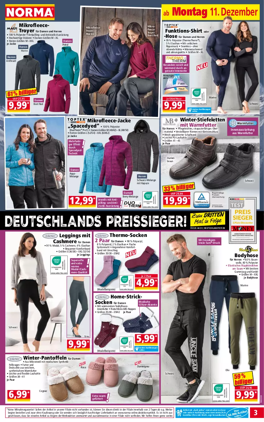 Aktueller Prospekt Norma - Norma - von 11.12 bis 18.12.2023 - strona 3 - produkty: aqua, asti, Bau, baumwolle, Bebe, body, braun, Brei, cashmere, Cognac, decksohle, dell, eis, Elan, elle, ente, gin, hose, Jacke, leggings, LG, Mode, ndk, Pantoffeln, reis, reiss, Ria, shirt, socken, Spiele, Stiefeletten, Ti, Tipi, tisch, wolle