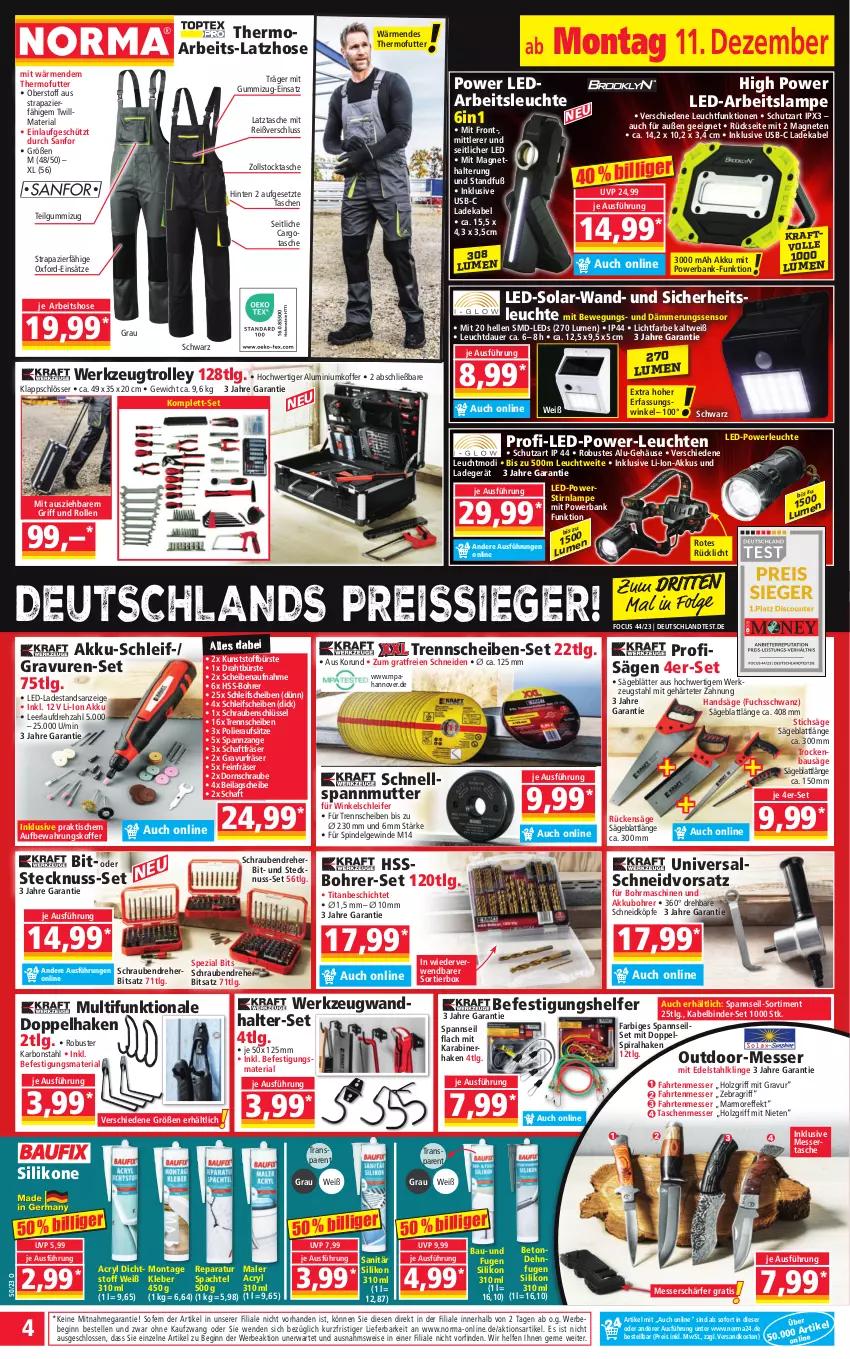 Aktueller Prospekt Norma - Norma - von 11.12 bis 18.12.2023 - strona 4 - produkty: akku, Arbeitsleuchte, auer, aufbewahrungskoffer, Bank, Bau, Bebe, Bohrer-Set, bürste, deka, Draht, edelstahl, eis, elle, gin, gsw, Holz, hose, ilag, kleber, koffer, kraft, ladegerät, ladekabel, Lampe, Latzhose, leds, Leuchte, leuchten, LG, li-ion-akku, messer, ndk, nuss, powerbank, reis, reiss, Ria, rücklicht, rwe, säge, schrauben, Schraubendreher, spachtel, Spezi, stichsäge, Tasche, taschen, Ti, tisch, trolley, usb, werkzeug, Winkelschleifer, ZTE