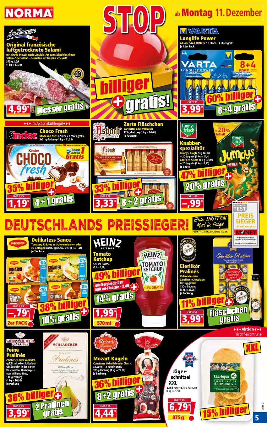 Aktueller Prospekt Norma - Norma - von 11.12 bis 18.12.2023 - strona 5 - produkty: batterie, batterien, beutel, braten, choco fresh, cola, delikatess sauce, eier, eierlikör, eis, flasche, fleisch, Frit-Sticks, Geflügel, gin, himbeer, ketchup, kirsch, kräuter, Kugel, kühlregal, LG, likör, longlife, Luftgetrocknete Salami, messer, milch, nuss, obst, regal, reis, reiss, ring, salami, sauce, Schladerer, schnitzel, schwein, schweine, schweinebraten, Spezi, Ti, tomate, tomaten, tomato ketchup, vollmilch, wasser, wein, weine