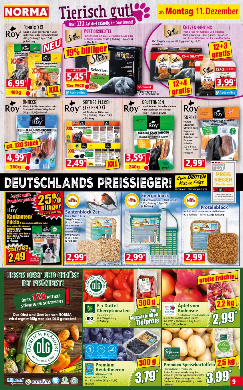 Aktueller Prospekt Norma - Norma - von 11.12 bis 18.12.2023 - strona 9 - produkty: aust, beere, beeren, beutel, bier, bio, Calcium, cherrytomaten, Donut, donuts, eis, elle, ente, filet, filets, fisch, fleisch, früchte, Geflügel, gelee, heidelbeere, heidelbeeren, kartoffel, kartoffeln, katzennahrung, lachs, latte, LG, mac, mehl, nuss, obst, Obst und Gemüse, portionsbeutel, reifen, reis, reiss, rind, saft, sauce, Schal, Schale, snack, snacks, speisekartoffeln, steak, Ti, tiefpreis, tomate, tomaten, truthahn, und gemüse, WICK