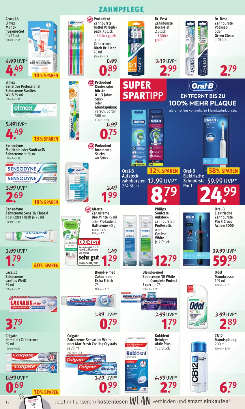 Aktueller Prospekt Rossmann - Prospekte - von 10.01 bis 14.01.2022 - strona 12 - produkty: alterra, binden, bio, blend-a-med, bürste, bürsten, colgate, creme, cross action, Dr. Best, elektrische zahnbürste, elmex, erde, Haftcreme, Kinder, Kukident, Lacalut, lack, LG, Max Fresh, minze, Mundhygiene, mundspülung, mundwasser, Odol, oral-b, Philips, Prokudent, reiniger, rezept, sensodyne, sonicare, spartipp, spülung, spülung 200 ml, Ti, wasser, zahnbürste, zahnbürsten, zahncreme