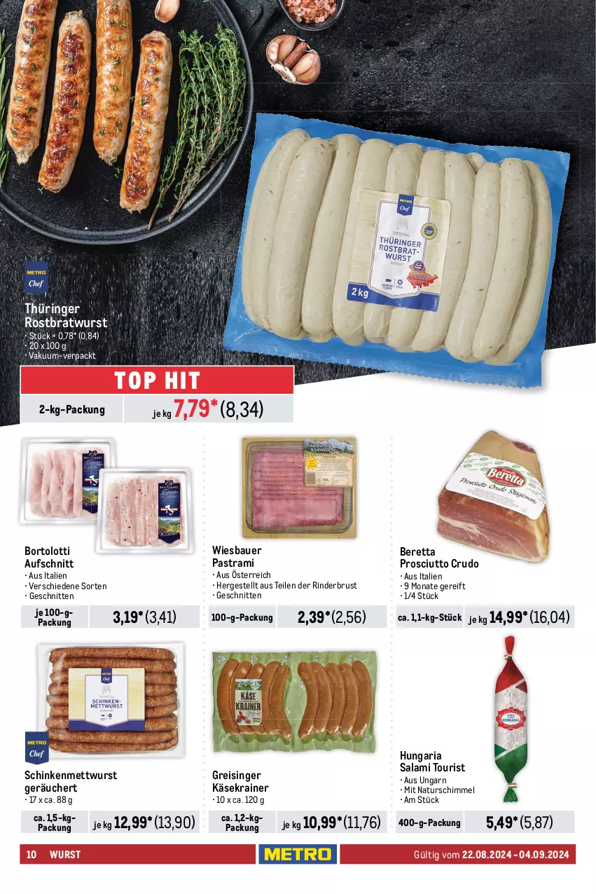 Aktueller Prospekt Metro - Food-NonFood - von 22.08 bis 04.09.2024 - strona 10 - produkty: arla, Astra, auer, aufschnitt, Bau, Bauer, Becher, beutel, Blüte, bratwurst, coupon, eis, finello, frischkäse, géramont, grana, grana padano, Käse, Käsekrainer, käsescheiben, leerdammer, mac, Mett, mettwurst, milch, natur, nuss, padano, pastrami, patros, philadelphia, prosciutto, prosciutto crudo, Rana, Reibekäse, reis, Ria, rind, rinder, ring, rostbratwurst, salami, schinken, schnitten, schnittkäse, schnittkäsescheiben, thüringer rostbratwurst, Ti, tisch, weichkäse, wiesbauer, wurst