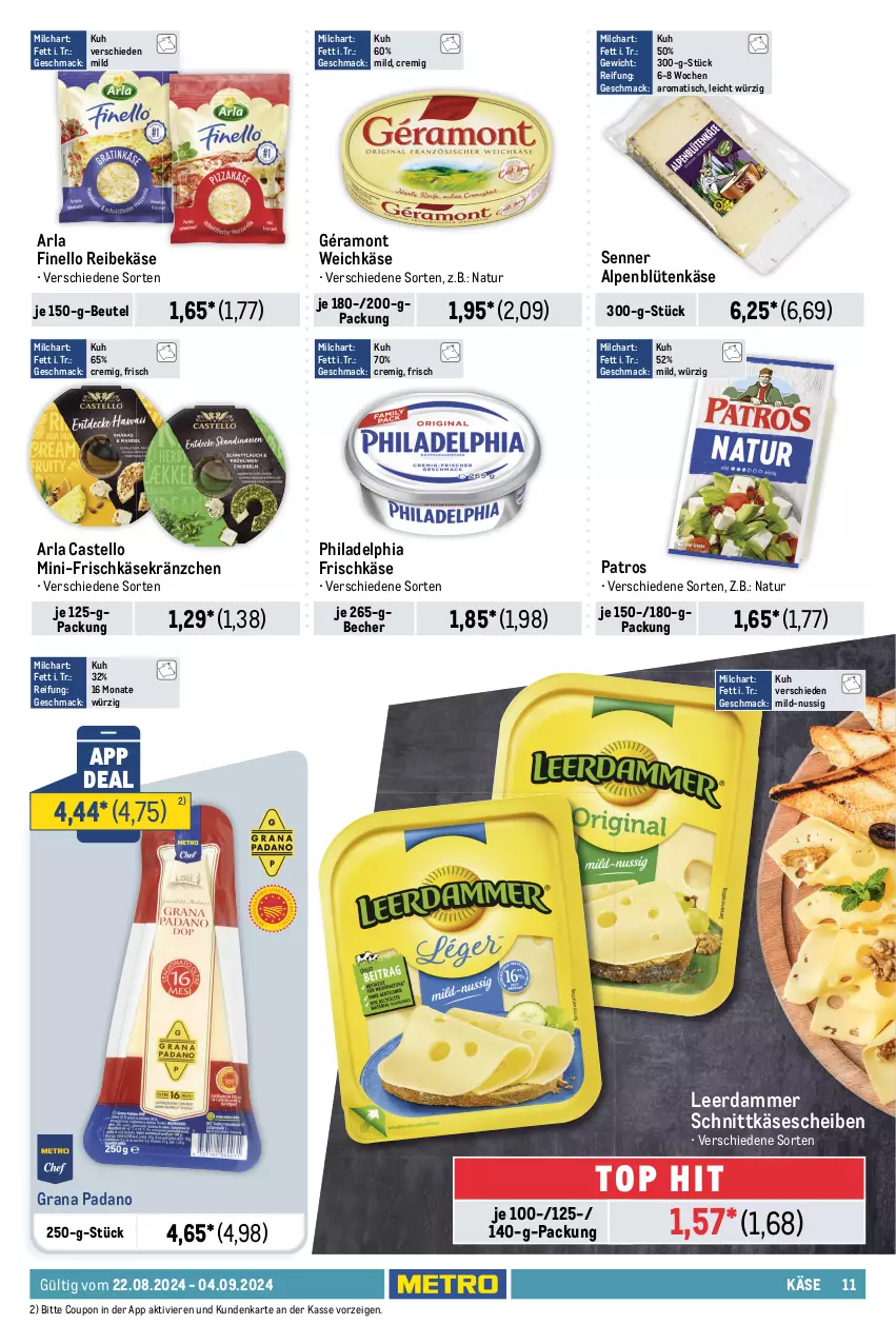 Aktueller Prospekt Metro - Food-NonFood - von 22.08 bis 04.09.2024 - strona 11 - produkty: arla, Astra, auer, aufschnitt, Bau, Bauer, Becher, beutel, Blüte, bratwurst, coupon, eis, finello, frischkäse, géramont, grana, grana padano, Käse, Käsekrainer, käsescheiben, leerdammer, mac, Mett, mettwurst, milch, natur, nuss, padano, pastrami, patros, philadelphia, prosciutto, prosciutto crudo, Rana, Reibekäse, reis, Ria, rind, rinder, ring, rostbratwurst, salami, schinken, schnitten, schnittkäse, schnittkäsescheiben, thüringer rostbratwurst, Ti, tisch, weichkäse, wiesbauer, wurst