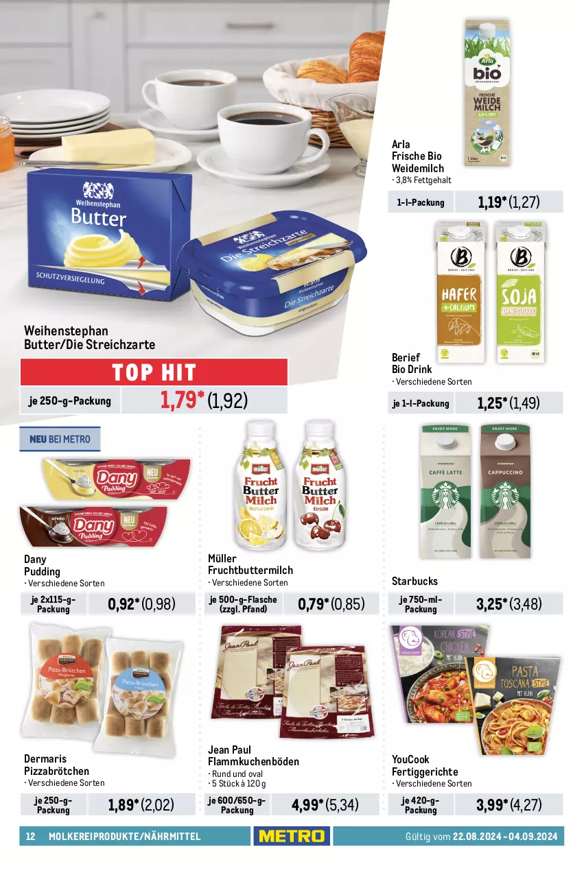 Aktueller Prospekt Metro - Food-NonFood - von 22.08 bis 04.09.2024 - strona 12 - produkty: arla, auer, Becher, bio, brötchen, butter, buttermilch, Cap, coca-cola, cola, dallmayr, dallmayr capsa, Dany, drink, eis, feinjoghurt, fertiggericht, fertiggerichte, filet, filets, flammkuchen, flasche, frucht, Gorbatschow, hering, Herings, heringsfilets, je 250-g-packung, joghur, joghurt, kuchen, lamm, mac, milch, molkereiprodukte, mövenpick, Müller, natur, pizza, pudding, reis, ring, salakis, starbucks, Streichzart, Ti, tisch, weidemilch, weihenstephan, Yo, YouCook