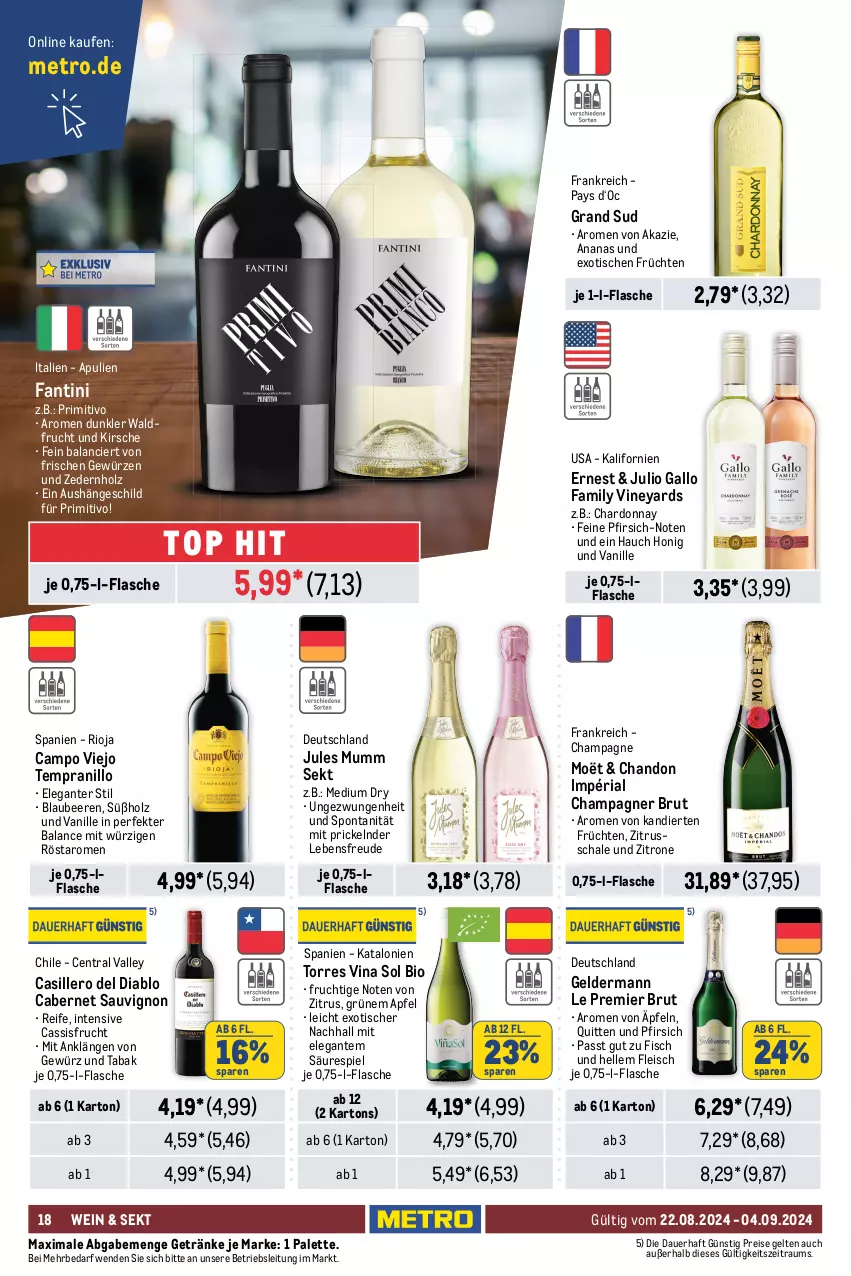 Aktueller Prospekt Metro - Food-NonFood - von 22.08 bis 04.09.2024 - strona 18 - produkty: amaro, ananas, aperitivo rosato, apfel, Apfelstrudel, auer, baileys, beef, Beefeater, beere, beeren, bio, Blaubeer, blaubeere, blended scotch, brut, cabernet, cabernet sauvignon, cachaça, campo viejo, cassis, champagne, champagner, chardonnay, dry gin, eis, elle, fisch, flasche, fleisch, frucht, früchte, früchten, gallo, gallo family, geldermann, getränk, getränke, gewürz, gin, grand sud, Holz, honig, John Barr, jules mumm, kirsch, kirsche, lillet, limo, london dry, london dry gin, Metro, moskovskaya, mumm, Palette, pfirsich, primitivo, rama, ramazzott, ramazzotti, reis, Ria, rioja, rosato, sauvignon, Schal, Schale, scotch, sekt, sim, spirituosen, Strudel, tempranillo, Ti, tisch, vanille, vodka, wein, zitrone, zott