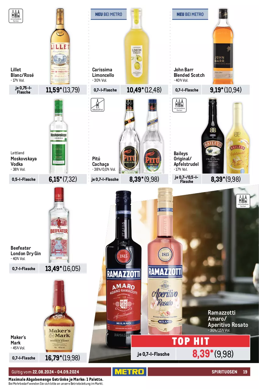 Aktueller Prospekt Metro - Food-NonFood - von 22.08 bis 04.09.2024 - strona 19 - produkty: amaro, ananas, aperitivo rosato, apfel, Apfelstrudel, auer, baileys, beef, Beefeater, beere, beeren, bio, Blaubeer, blaubeere, blended scotch, brut, cabernet, cabernet sauvignon, cachaça, campo viejo, cassis, champagne, champagner, chardonnay, dry gin, eis, elle, fisch, flasche, fleisch, frucht, früchte, früchten, gallo, gallo family, geldermann, getränk, getränke, gewürz, gin, grand sud, Holz, honig, John Barr, jules mumm, kirsch, kirsche, lillet, limo, london dry, london dry gin, Metro, moskovskaya, mumm, Palette, pfirsich, primitivo, rama, ramazzott, ramazzotti, reis, Ria, rioja, rosato, sauvignon, Schal, Schale, scotch, sekt, sim, spirituosen, Strudel, tempranillo, Ti, tisch, vanille, vodka, wein, zitrone, zott