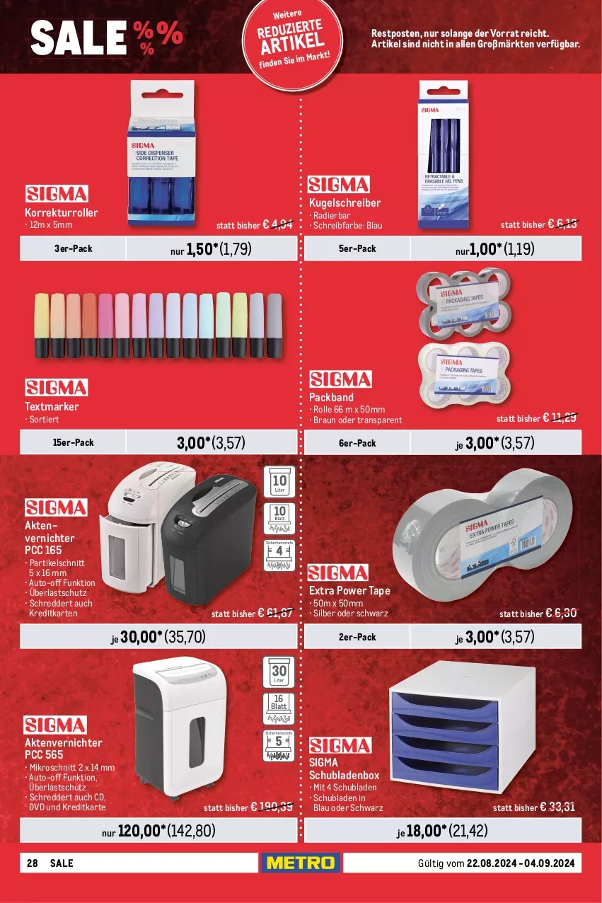 Aktueller Prospekt Metro - Food-NonFood - von 22.08 bis 04.09.2024 - strona 28 - produkty: Aktenschrank, Aktenvernichter, auto, Bank, braun, dvd, Elektro, Kugel, kugelschreiber, Packband, Roller, rückenlehne, Schrank, schubladen, sigma, stapelstuhl, stuhl, Stühl, textmarker, Ti