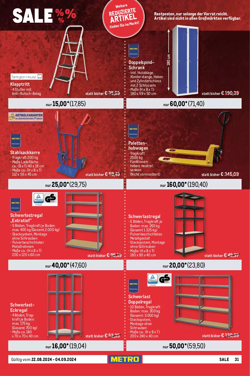 Aktueller Prospekt Metro - Food-NonFood - von 22.08 bis 04.09.2024 - strona 31 - produkty: aufbewahrungsbox, Behälter, bier, decke, Deckel, Eckregal, edelstahl, klapptritt, kleid, kleider, kraft, lack, lebensmittel, LG, Palette, regal, Ria, sac, Schrank, schrauben, schwerlastregal, steckregal, Ti, tragegriff