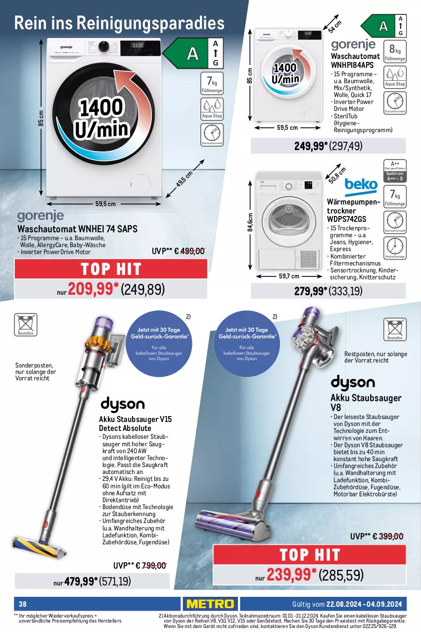 Aktueller Prospekt Metro - Food-NonFood - von 22.08 bis 04.09.2024 - strona 38 - produkty: akku, auer, auto, BaByliss, Bau, baumwolle, Behälter, beutel, bodensauger, bürste, Dyson, eis, Elektro, elle, ente, erde, fenster, fenstersauger, flasche, haarglätter, HP, Intel, jeans, Kinder, kraft, latte, LG, mac, Metro, mikrofaser, reiniger, Reinigung, reis, rum, sonderposten, Spektrum, sprühflasche, staubbeutel, staubsauger, teller, Ti, Tiere, tisch, Trockensauger, Trockner, wandhalterung, wärmepumpentrockner, wasser, wolle