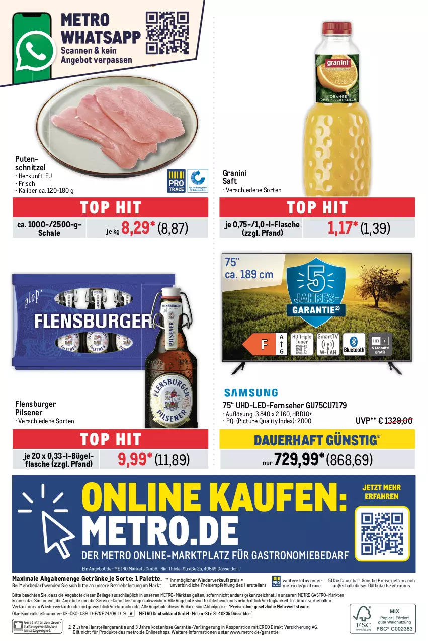 Aktueller Prospekt Metro - Food-NonFood - von 22.08 bis 04.09.2024 - strona 40 - produkty: abholpreise, angebot, angebote, auer, bügel, burger, eis, elle, fernseher, flasche, flensburger, getränk, getränke, granini, ilag, Metro, metro gastro, Palette, pils, pilsener, pute, putenschnitzel, Rauch, reis, rwe, saft, Schal, Schale, schnitzel, teller, Ti, uhd