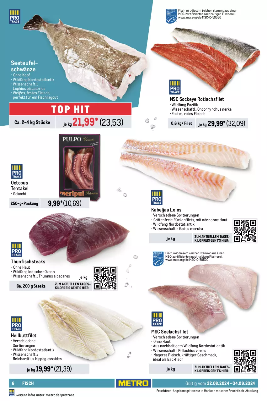 Aktueller Prospekt Metro - Food-NonFood - von 22.08 bis 04.09.2024 - strona 6 - produkty: Abtei, angebot, angebote, backfisch, Becher, beutel, coupon, eis, elle, feinkost, filet, filets, fisch, fische, Fischer, Fischfeinkost, fleisch, frischfisch, garnelen, Heilbuttfilet, hipp, lachs, lachsfilet, mac, mars, Metro, Nordsee, Ragout, Räucherlachs, reis, ring, salat, Schere, schott, seelachsfilet, steak, steaks, thunfisch, Ti, Tintenfischringe, tisch, Wild, wolfsbarsch