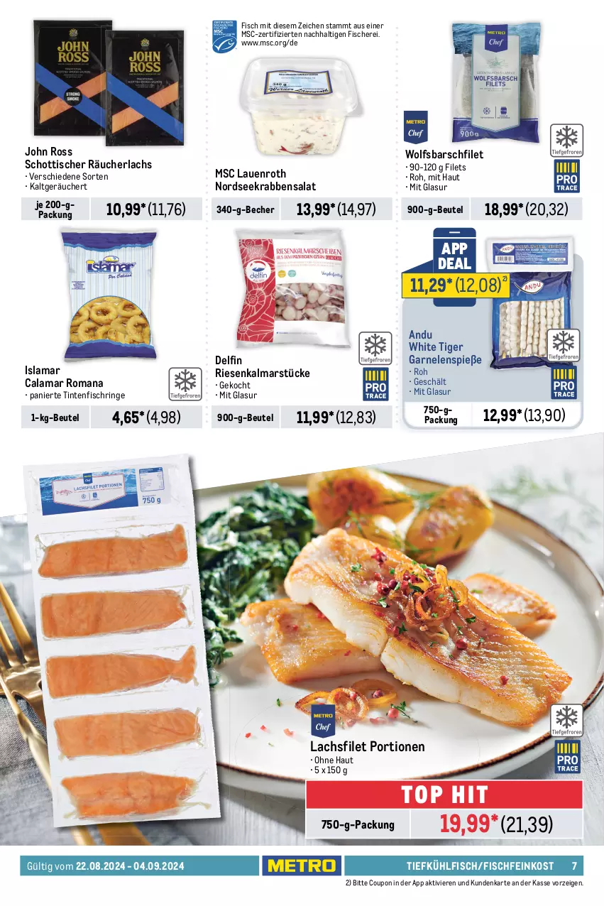 Aktueller Prospekt Metro - Food-NonFood - von 22.08 bis 04.09.2024 - strona 7 - produkty: Abtei, angebot, angebote, backfisch, Becher, beutel, coupon, eis, elle, feinkost, filet, filets, fisch, fische, Fischer, Fischfeinkost, fleisch, frischfisch, garnelen, Heilbuttfilet, hipp, lachs, lachsfilet, mac, mars, Metro, Nordsee, Ragout, Räucherlachs, reis, ring, salat, Schere, schott, seelachsfilet, steak, steaks, thunfisch, Ti, Tintenfischringe, tisch, Wild, wolfsbarsch