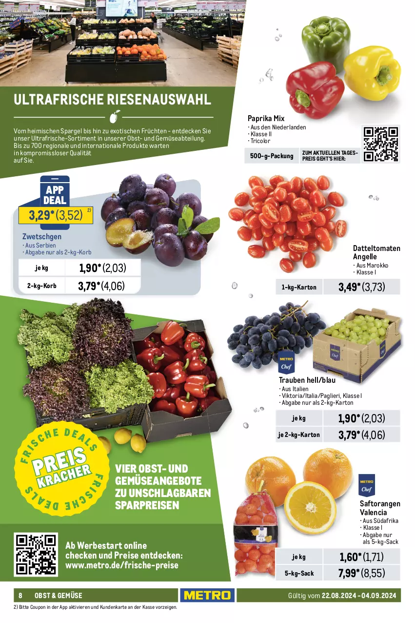 Aktueller Prospekt Metro - Food-NonFood - von 22.08 bis 04.09.2024 - strona 8 - produkty: Abtei, angebot, angebote, backofen, beutel, blätterteig, butter, cola, coupon, creme, Croissant, datteltomaten, decke, eis, elle, früchte, früchten, geback, Kette, korb, Kroketten, Metro, nuss, obst, Ofen, orange, orangen, paprika, paprika mix, pizza, reis, Ria, sac, saft, Saftorangen, schoko, spargel, Ti, tiefkühlkost, tisch, tomate, tomaten, trauben, und gemüse