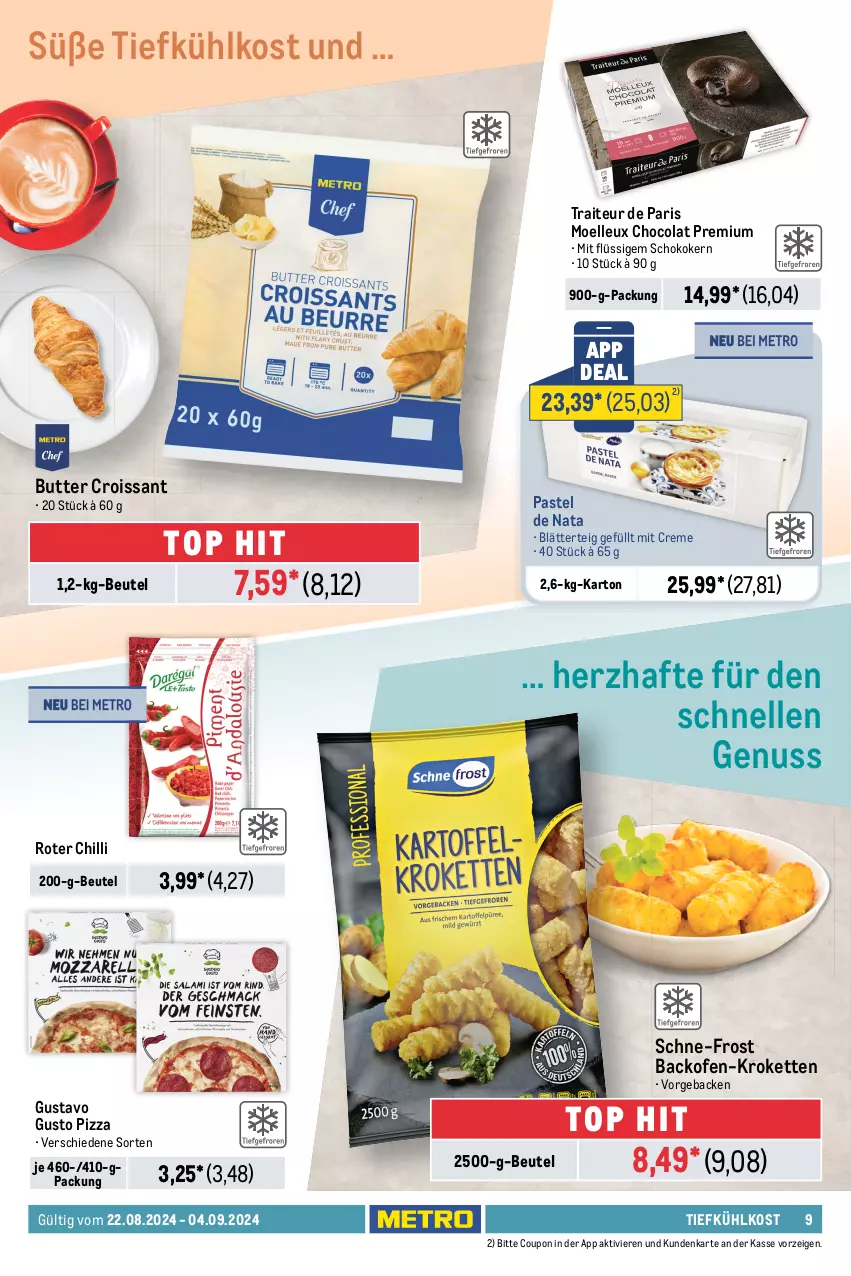 Aktueller Prospekt Metro - Food-NonFood - von 22.08 bis 04.09.2024 - strona 9 - produkty: Abtei, angebot, angebote, backofen, beutel, blätterteig, butter, cola, coupon, creme, Croissant, datteltomaten, decke, eis, elle, früchte, früchten, geback, Kette, korb, Kroketten, Metro, nuss, obst, Ofen, orange, orangen, paprika, paprika mix, pizza, reis, Ria, sac, saft, Saftorangen, schoko, spargel, Ti, tiefkühlkost, tisch, tomate, tomaten, trauben, und gemüse