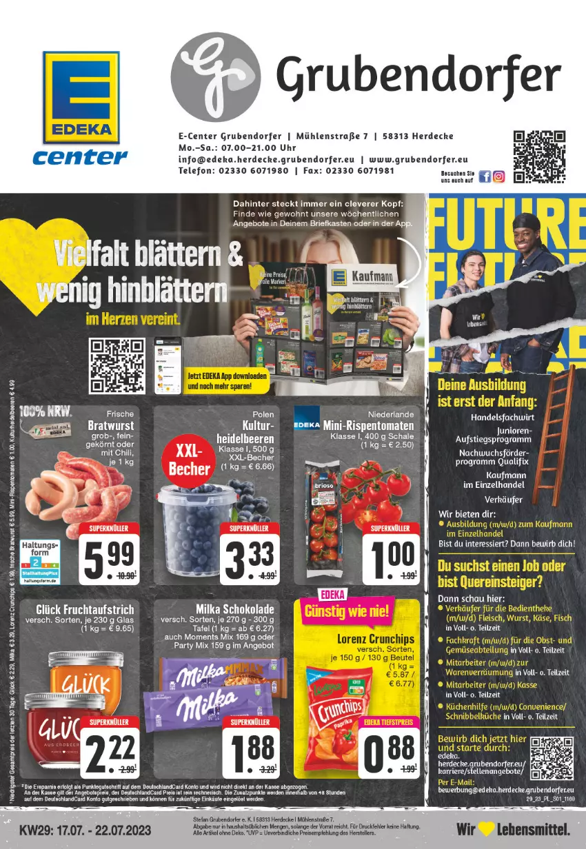 Aktueller Prospekt E Center - Angebote der Woche - von 17.07 bis 22.07.2023 - strona 1 - produkty: angebot, angebote, aufstrich, beere, beeren, bratwurst, brie, buch, chili, chips, crunchips, decke, deka, eis, ente, erde, frucht, fruchtaufstrich, heidelbeere, heidelbeeren, lorenz, lorenz crunchips, milka, milka schokolade, mini-rispentomaten, reis, rispentomaten, rum, Schal, Schale, schoko, schokolade, Serum, spee, telefon, Ti, tomate, tomaten, uhr, wurst, ZTE